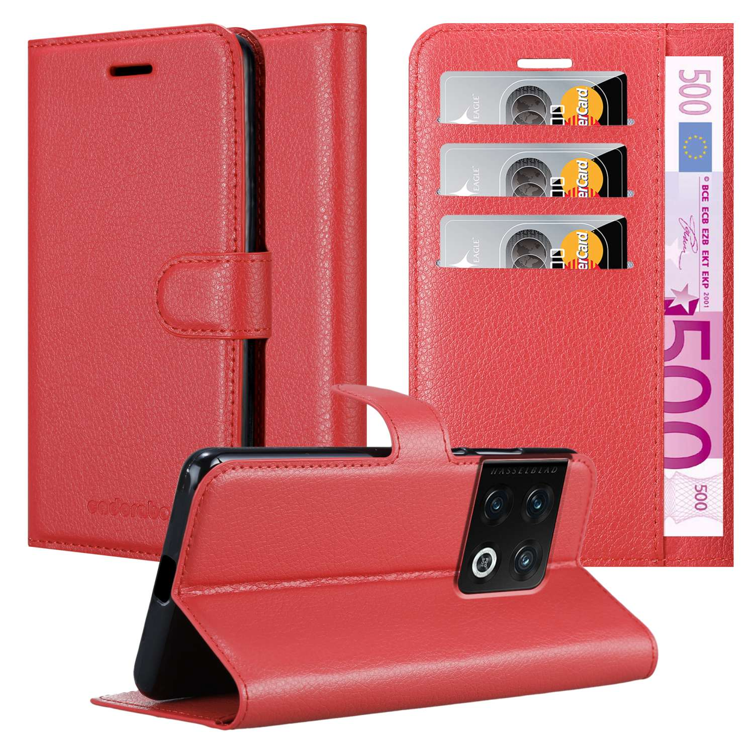Custodia per telefono rossa con design a portafoglio. Include slot per carte e scomparto per contanti.