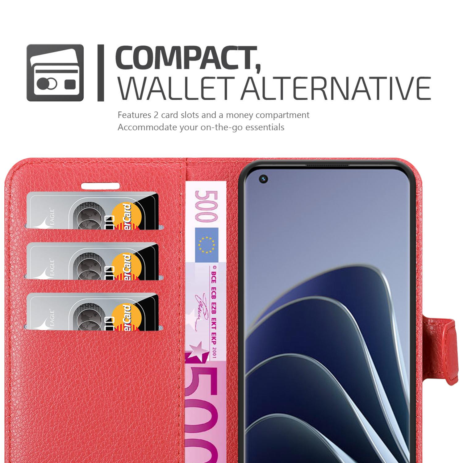 Custodia alternativa a portafoglio rossa con telefono. 2 slot per carte e scomparto per denaro.