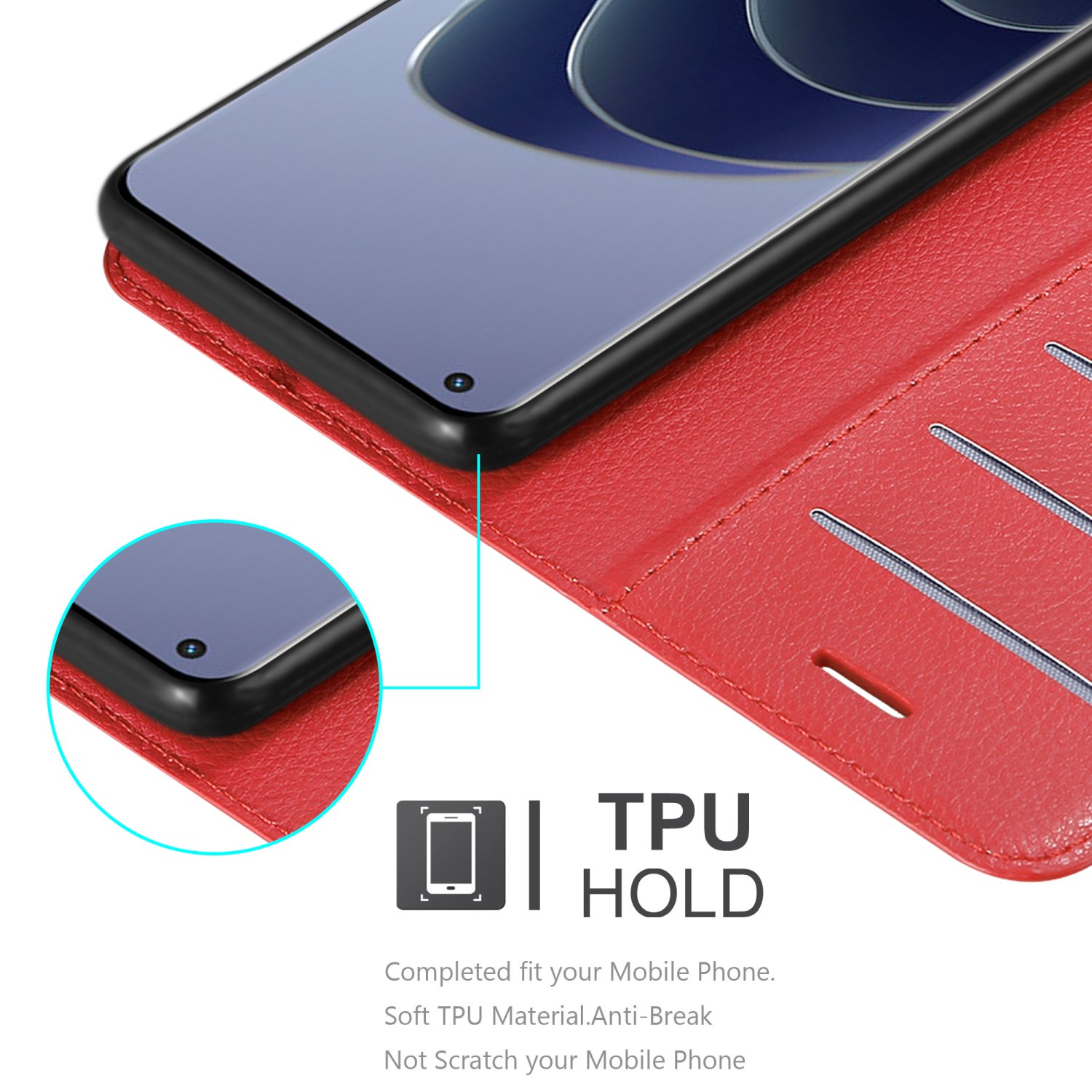 Custodia rossa con telefono nero all'interno. Mostra schermo e slot per schede.
