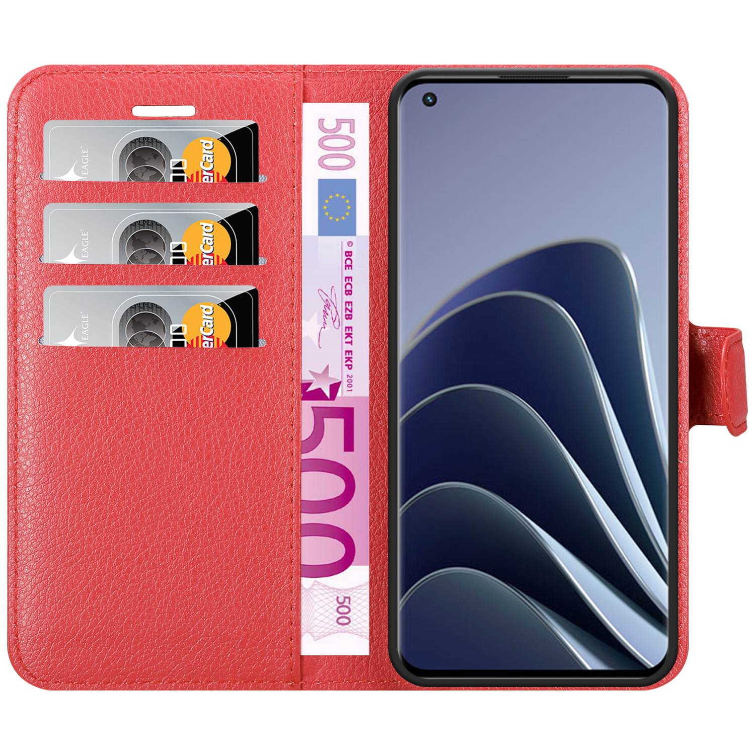 Custodia rossa con telefono, carte e banconota da 500 euro.