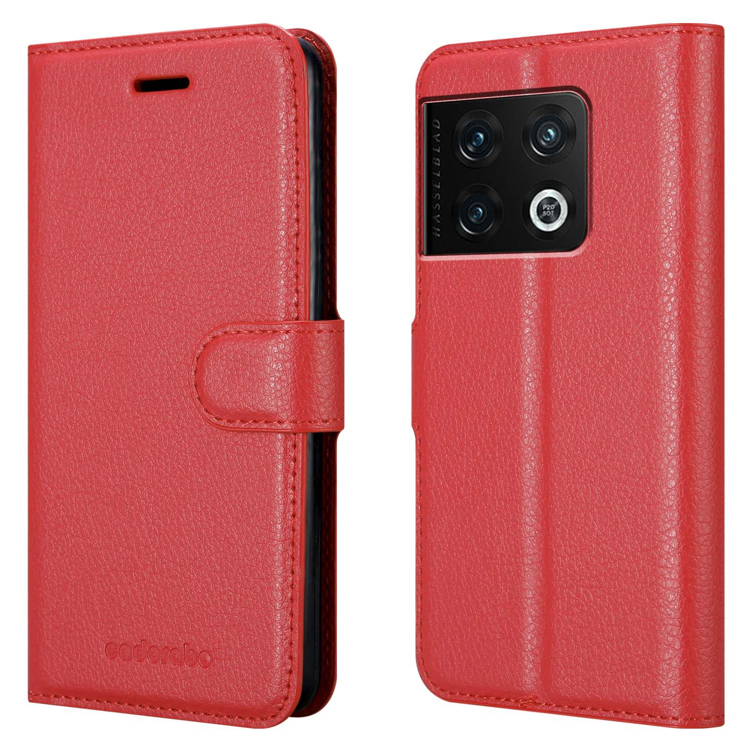 Un portafoglio per telefono rosso. È aperto per mostrare il retro del telefono.