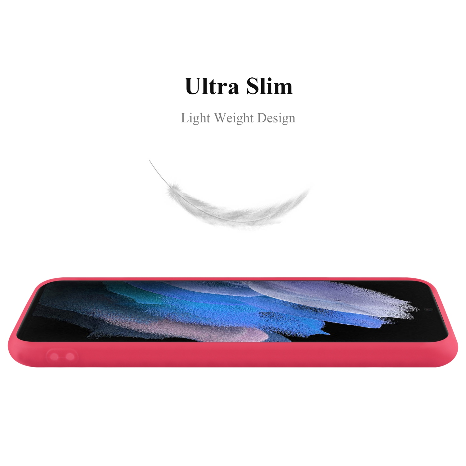 Una custodia rossa per telefono. Una piuma fluttua sopra. Il testo dice: Ultra Slim e Design Leggero.