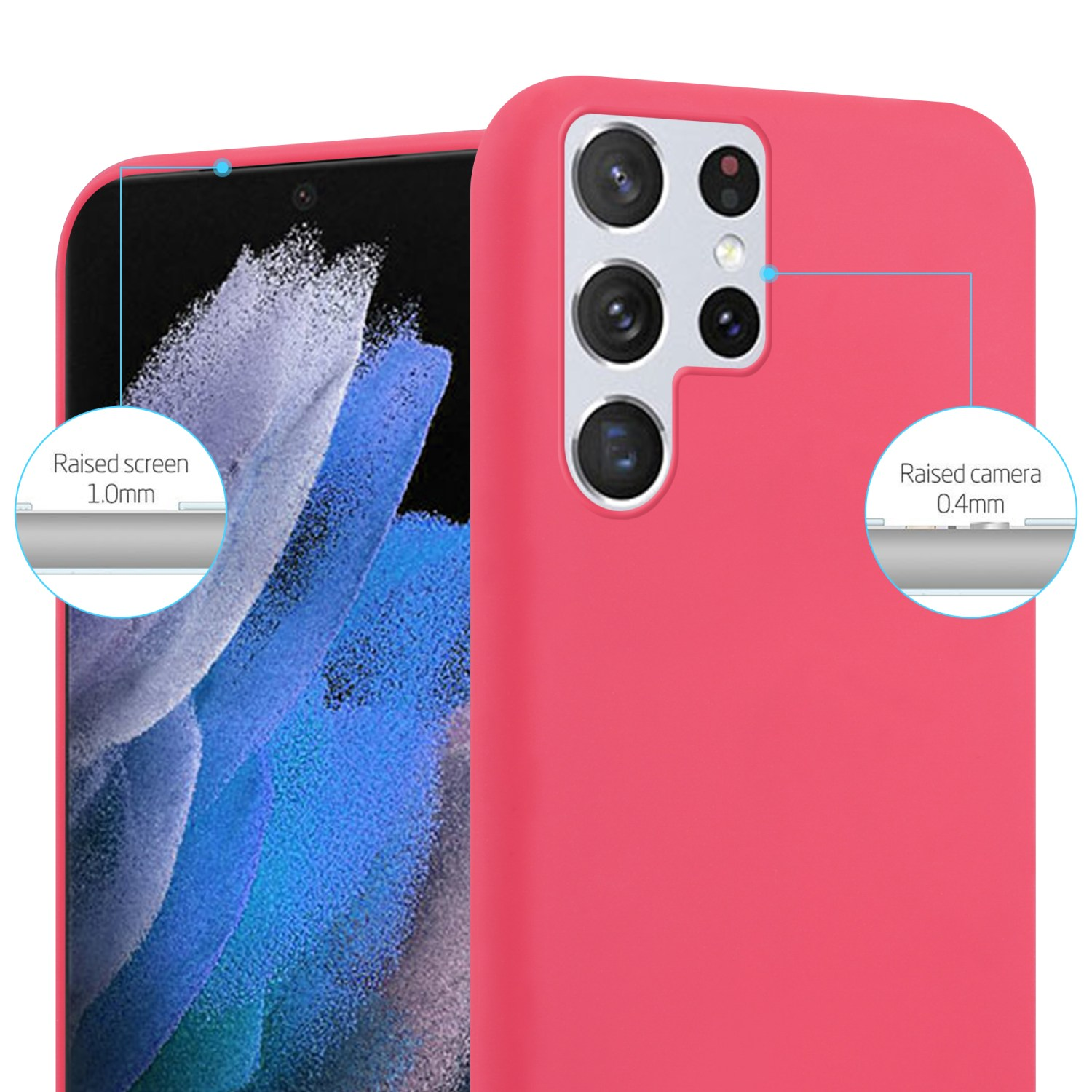 Vista ravvicinata di una custodia per telefono rosa. Lo schermo e la fotocamera sono rialzati con etichette che indicano le misure.