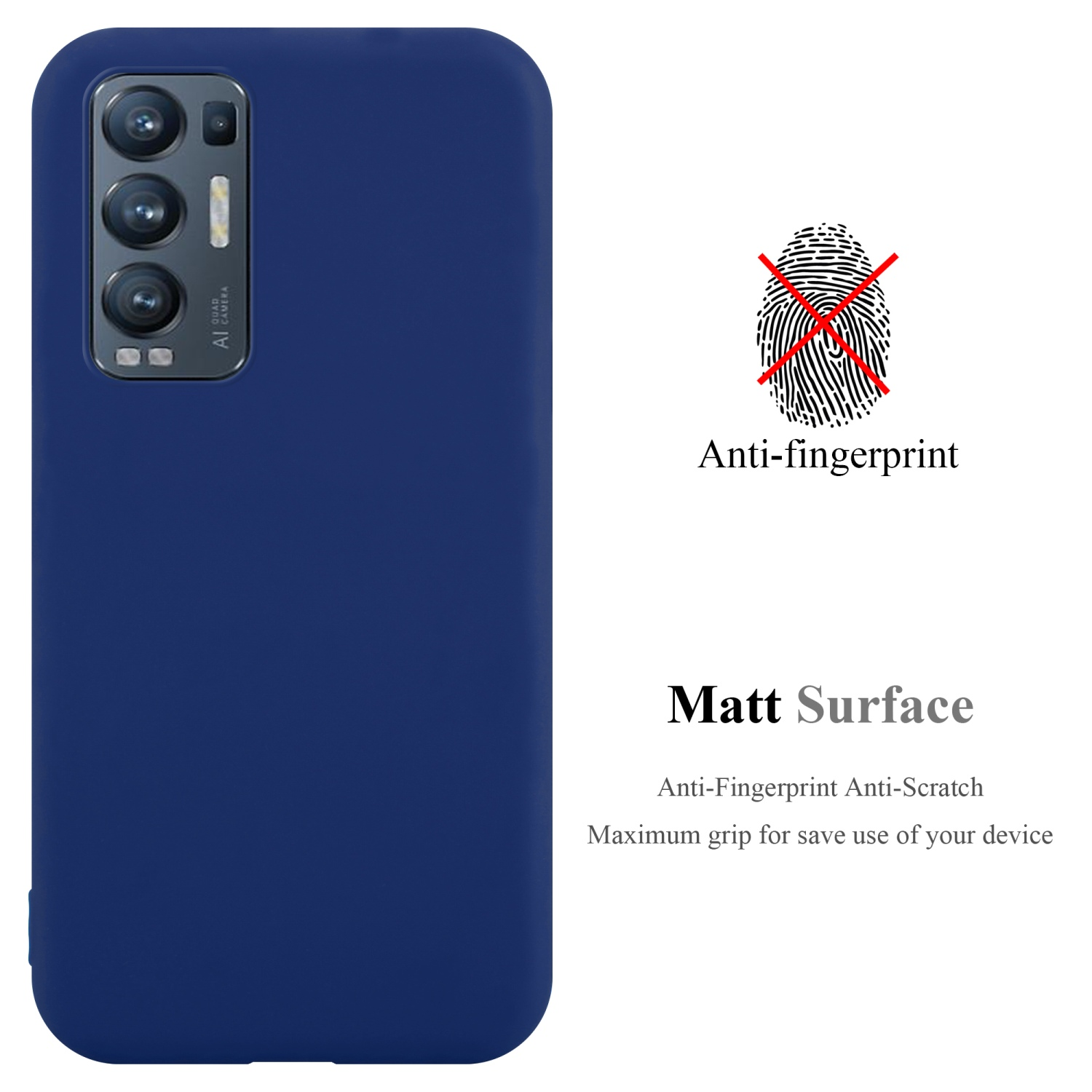 Custodia blu scuro per telefono con superficie opaca. Un simbolo di impronta digitale è barrato.
