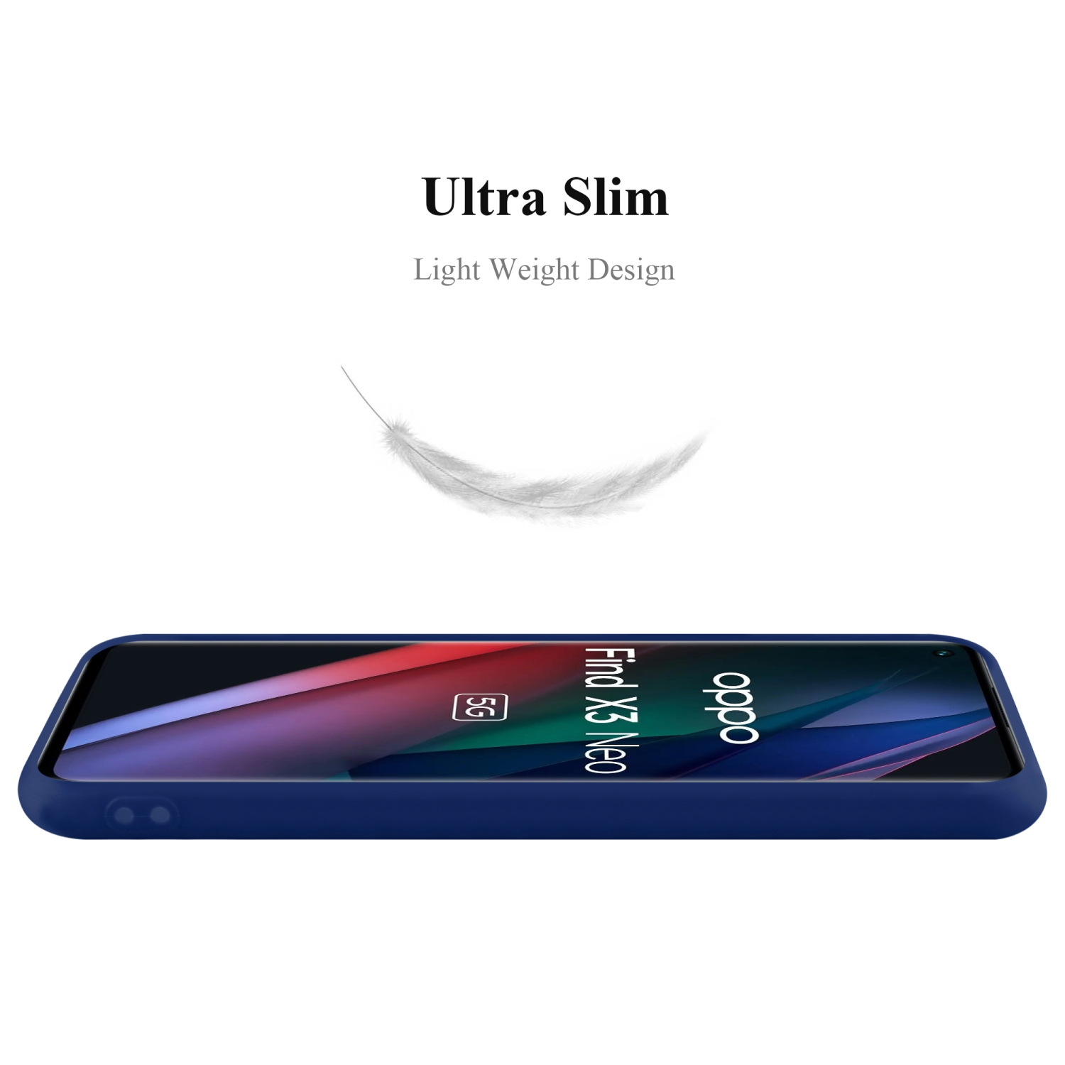 Una custodia per telefono blu navy, una piuma fluttuante. La custodia è ad angolo basso.