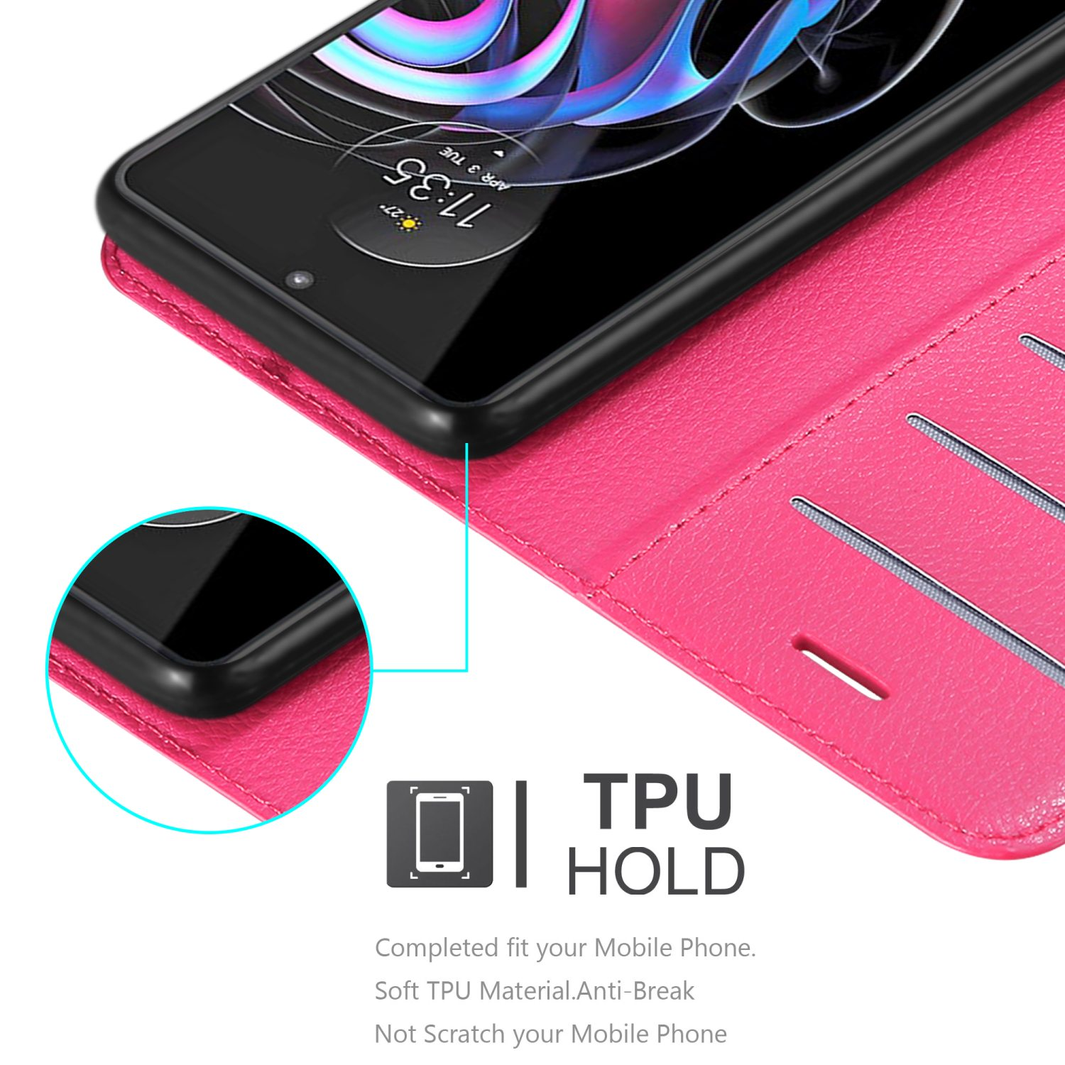 Custodia per telefono rosa con telefono all'interno, che mostra la funzione TPU HOLD.