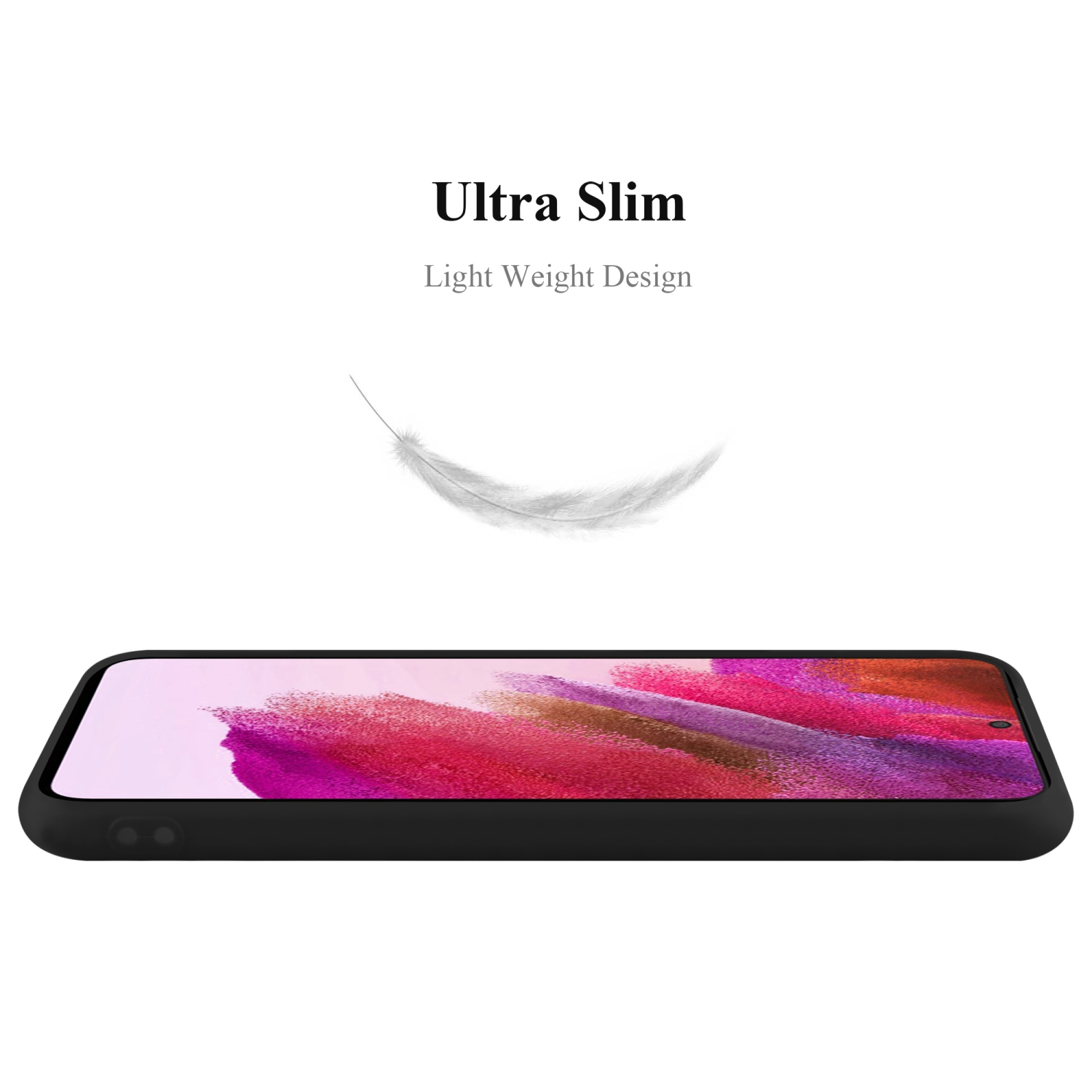 Schwarze Handyhülle auf weißem Hintergrund. Text: Ultra Slim. Light Weight Design. Eine Feder befindet sich über dem Telefon.