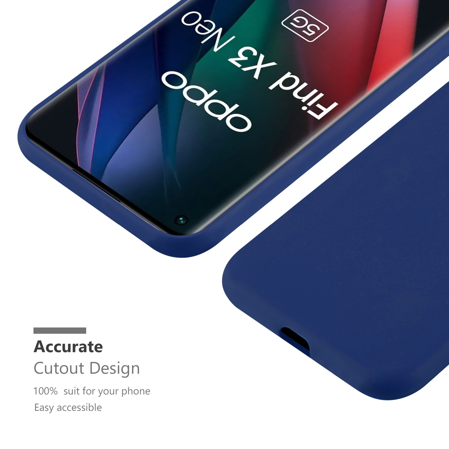Custodia blu navy con telefono. Design ritagliato mostrato. Caratteristiche di design ritagliato preciso.