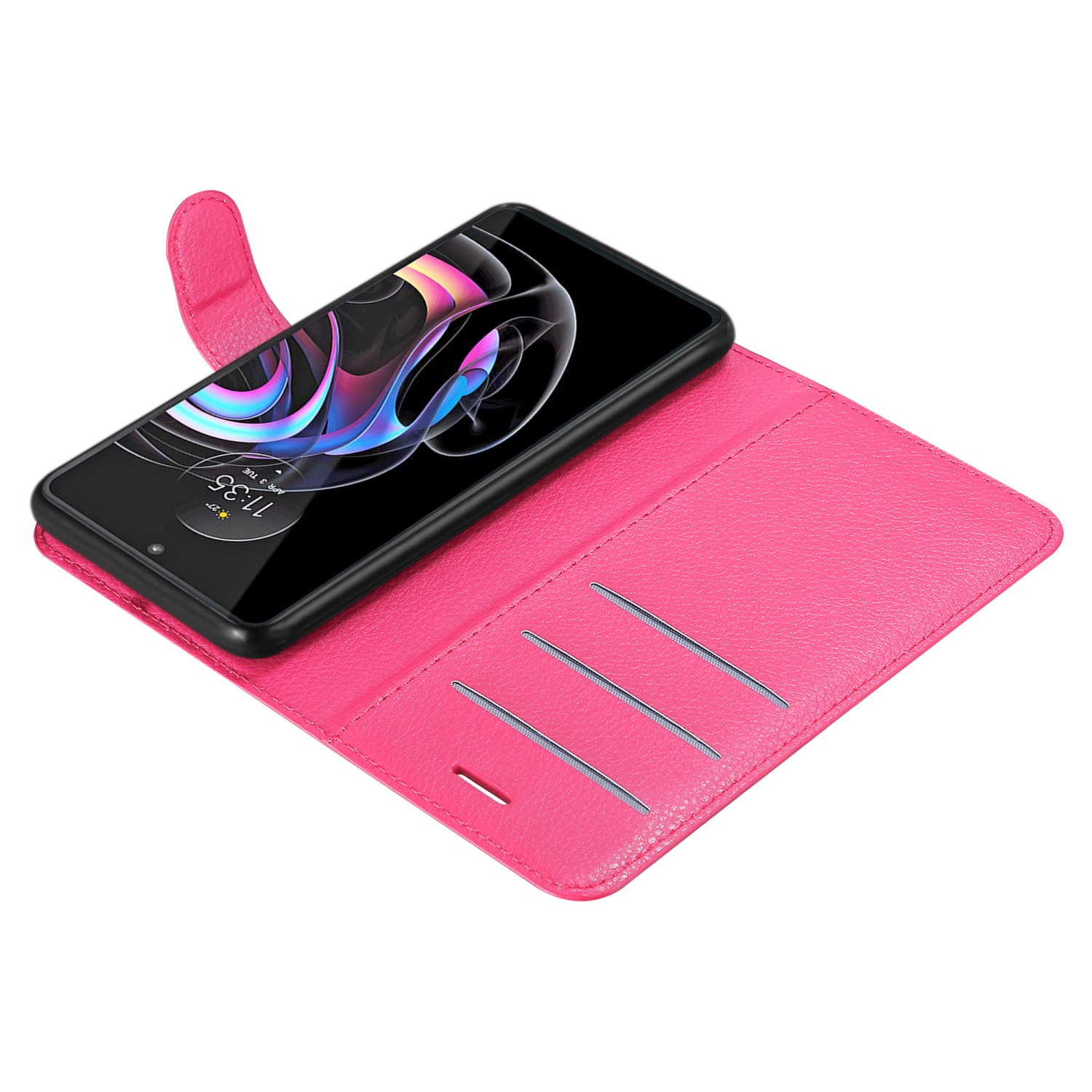 Una custodia a portafoglio rosa per telefono è aperta, rivelando un telefono. Sono visibili tre fessure per carte. L'ora è visualizzata sul telefono.