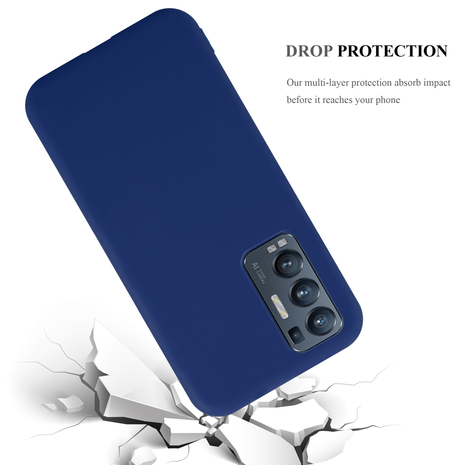 Custodia per telefono blu che cade. Terreno rotto. Sfondo bianco.