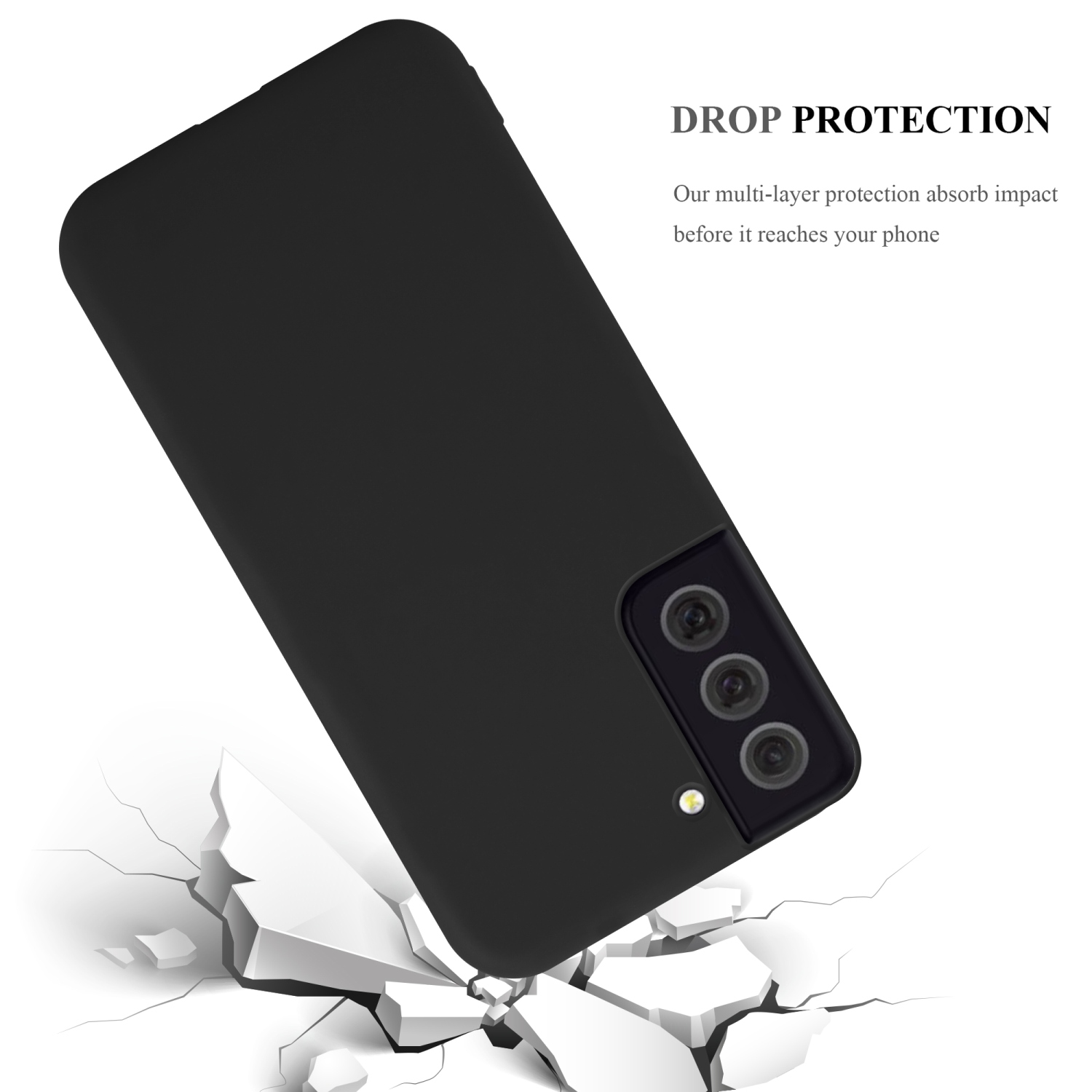Schwarze Handyhülle mit Telefon, zerbricht. Text lautet 'Drop Protection'.