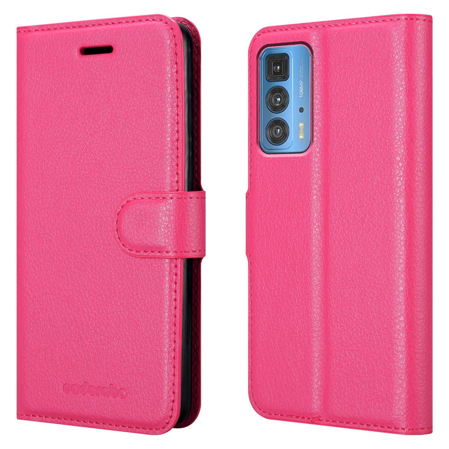 Una custodia per telefono in pelle rosa, aperta per rivelare il telefono. Il lato sinistro ha una chiusura.