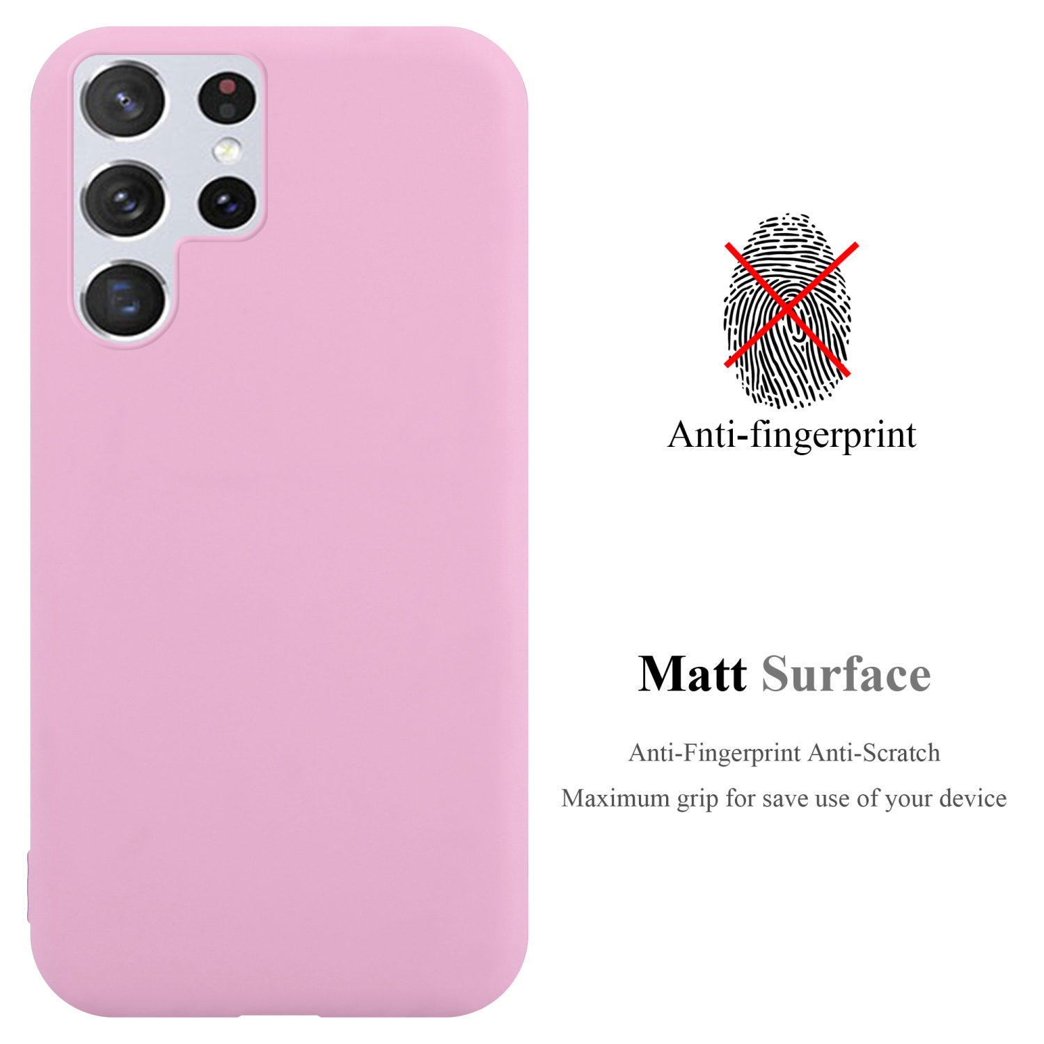 Custodia rosa, anti-impronte. Superficie opaca. Testo: Anti-impronte, anti-graffio, presa max.