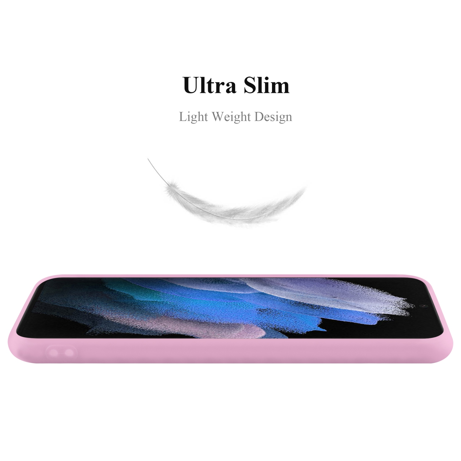 Custodia per telefono rosa vista lateralmente, con grafica a piuma bianca. Testo: 'Ultra Slim, Design leggero'.