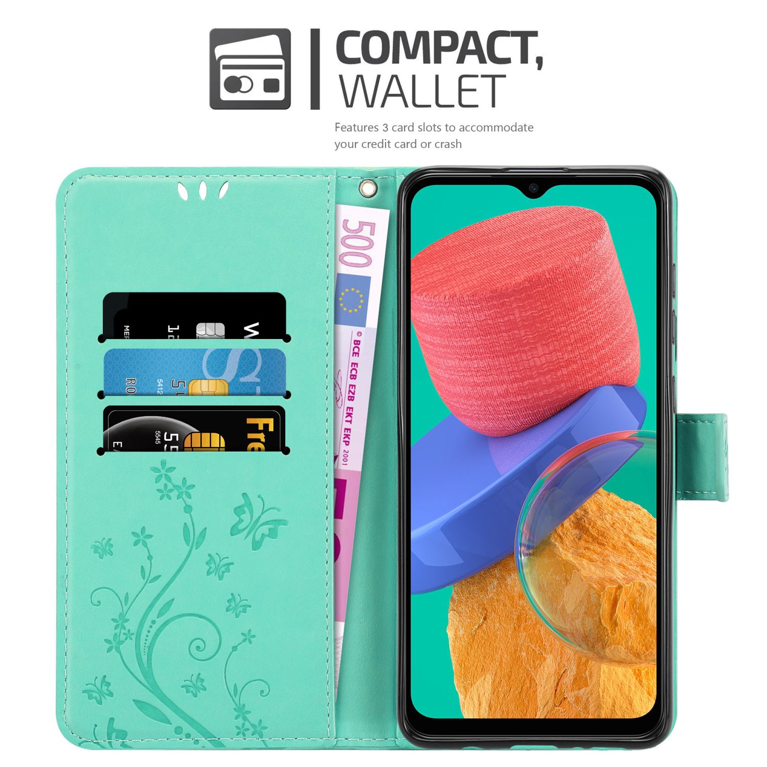 Custodia a portafoglio per telefono color verde acqua con carte, denaro e telefono.