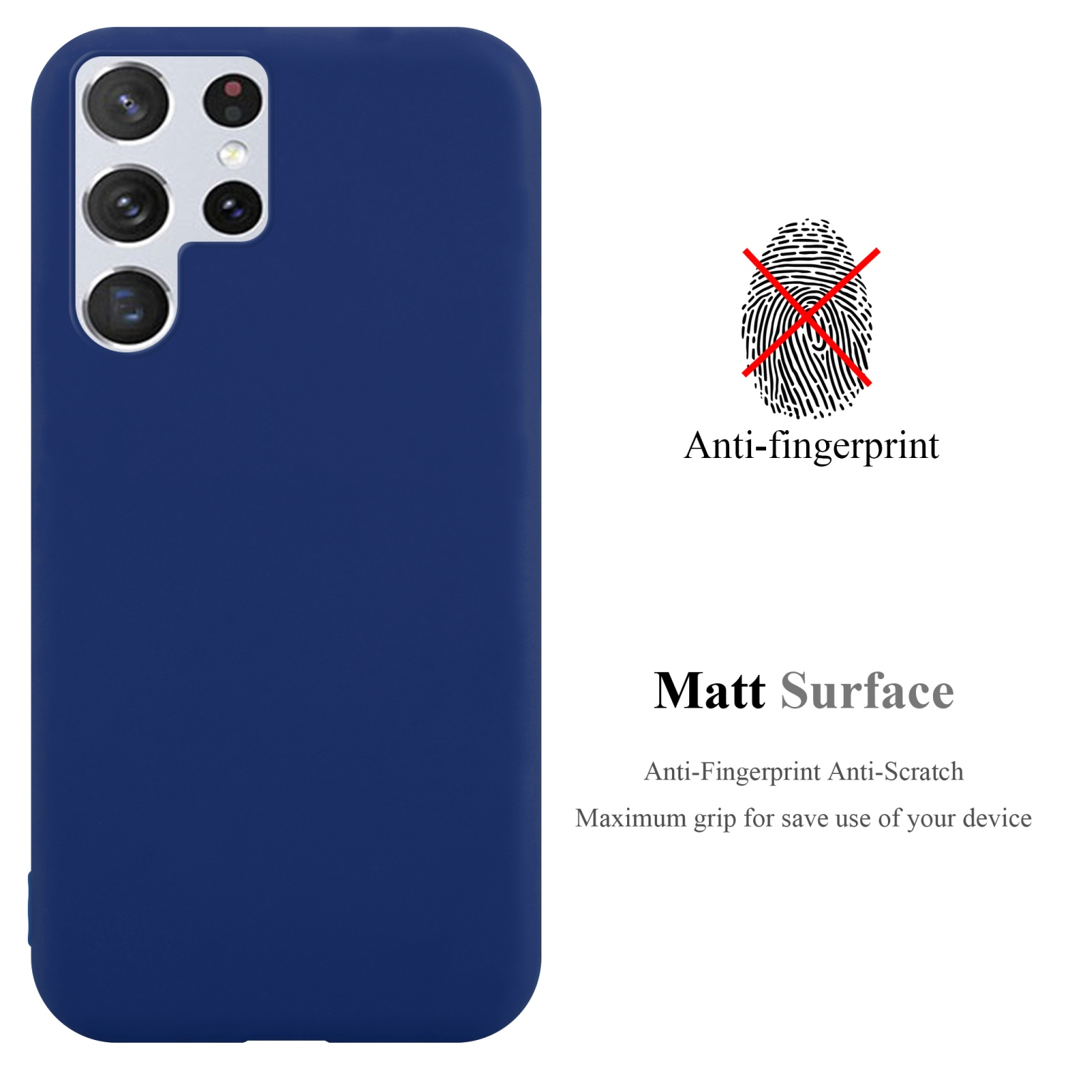 Una custodia per telefono blu scuro con funzione anti-impronta. Il testo dice 'Matt Surface'.