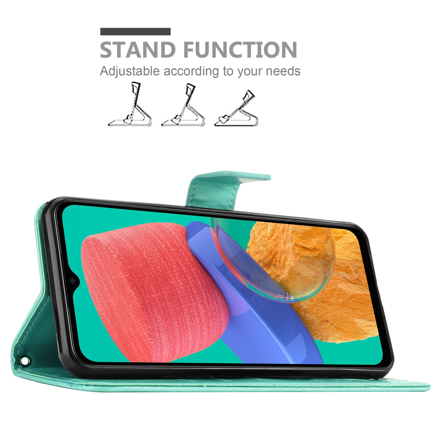 Custodia verde con telefono all'interno. L'immagine mostra la funzione stand. Sfondo bianco.