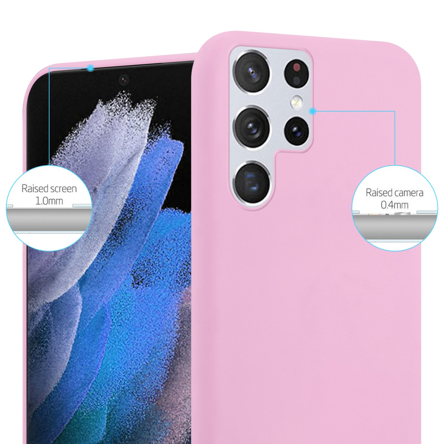 Custodia rosa per telefono con protezione rialzata per schermo e fotocamera. Custodia rosa chiaro.