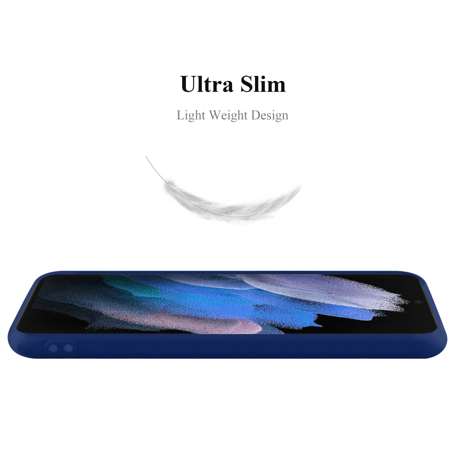 Una custodia per telefono blu, con una piuma che fluttua sopra. Il testo bianco dice: Ultra Slim.