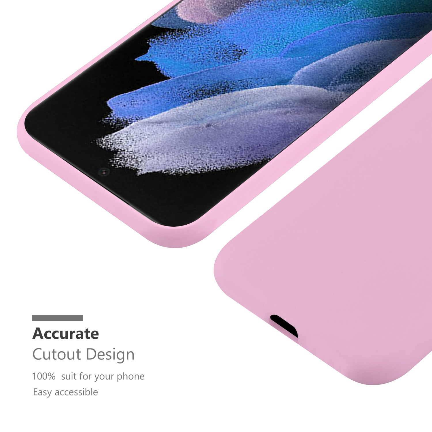 Una custodia per telefono rosa, in primo piano, che mostra il bordo e un angolo. È progettata per un telefono con un design accessibile.