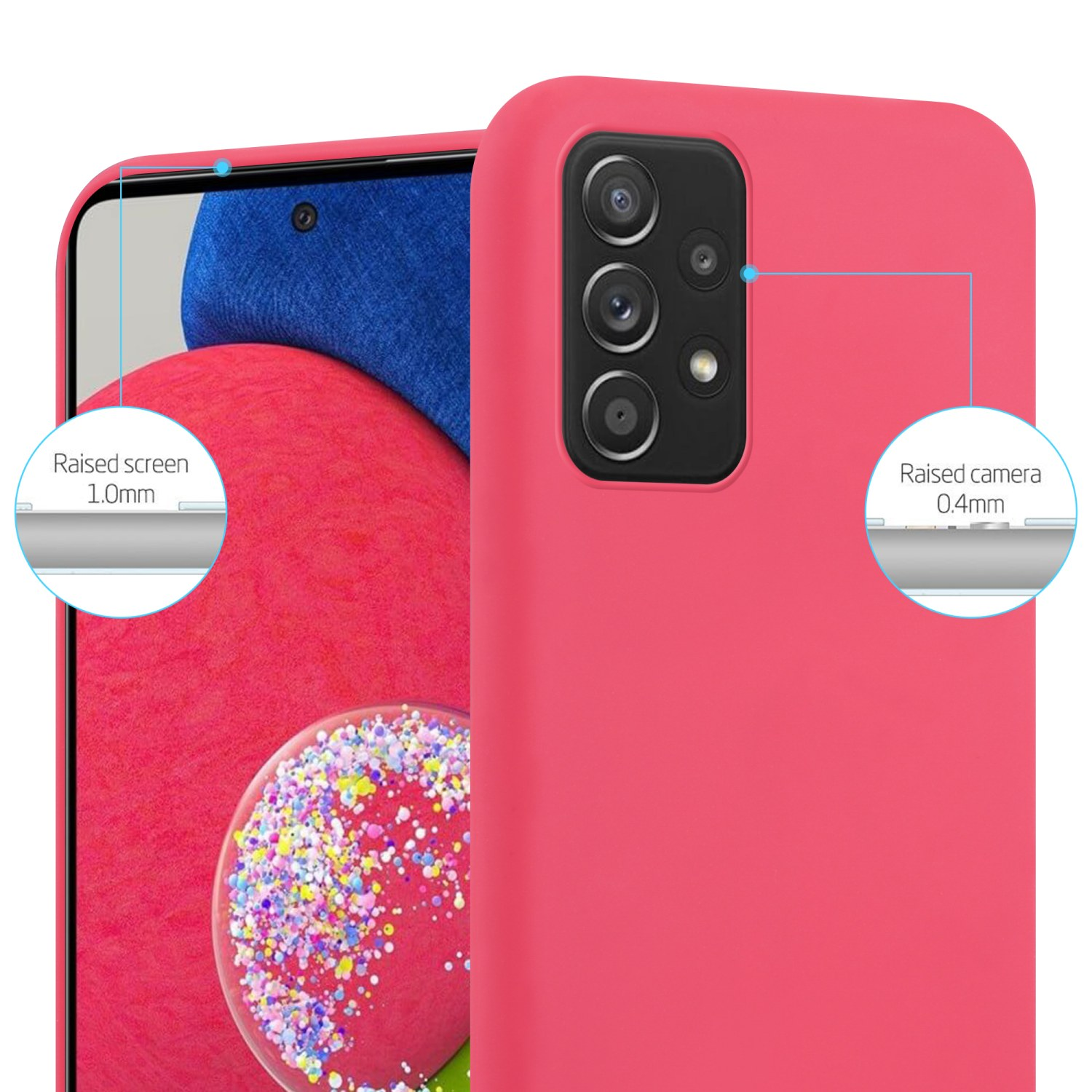 Eine pinke Handyhülle mit Telefon darin. Die Hülle hat erhöhten Bildschirm- und Kameraschutz.