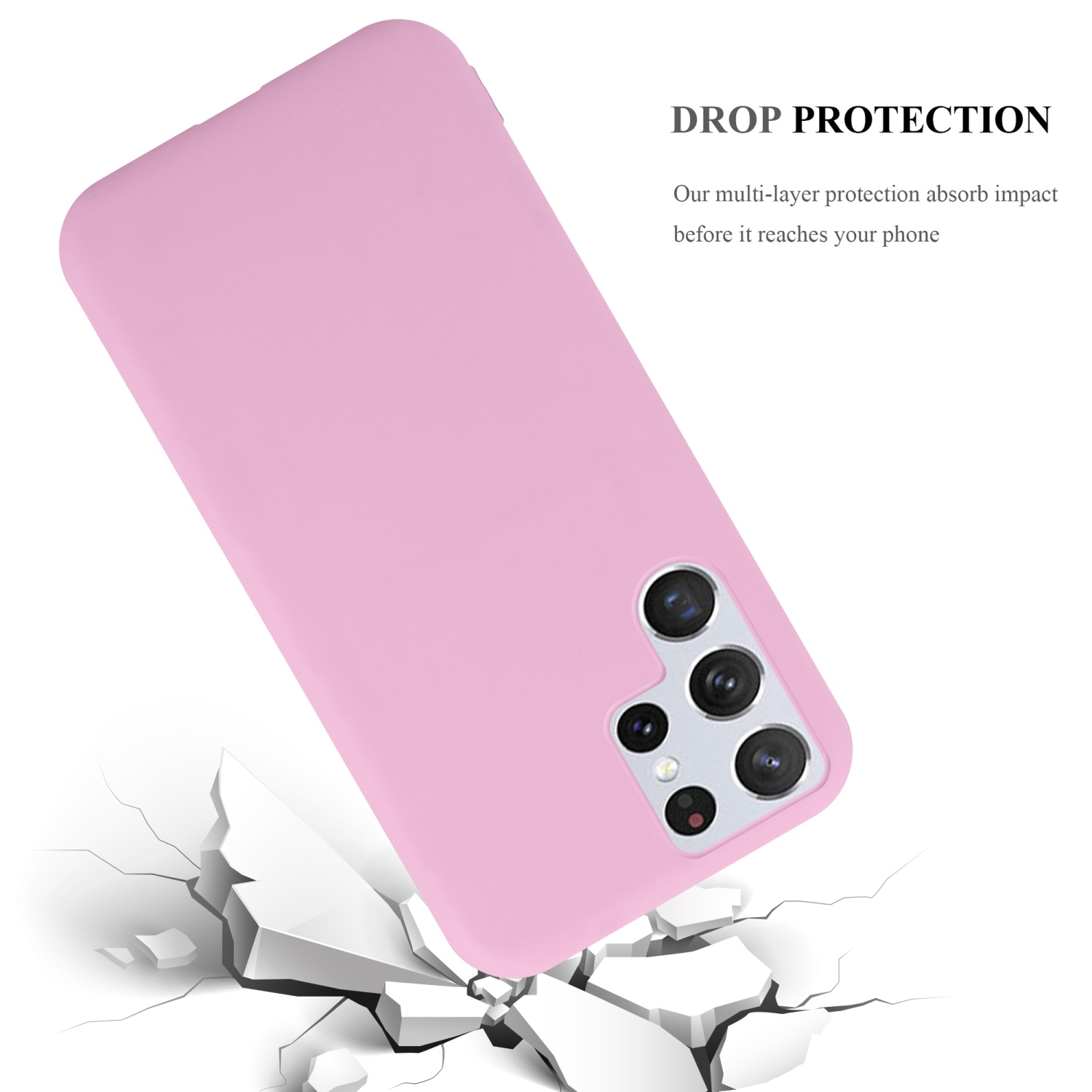 Custodia rosa con telefono, che cade su superficie bianca con crepe da impatto.