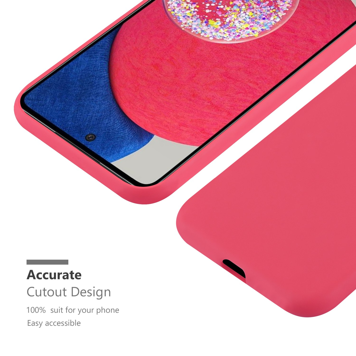 Rote Handyhülle auf Weiß. Ein Telefon mit pinkfarbenem Bildschirm ist sichtbar.