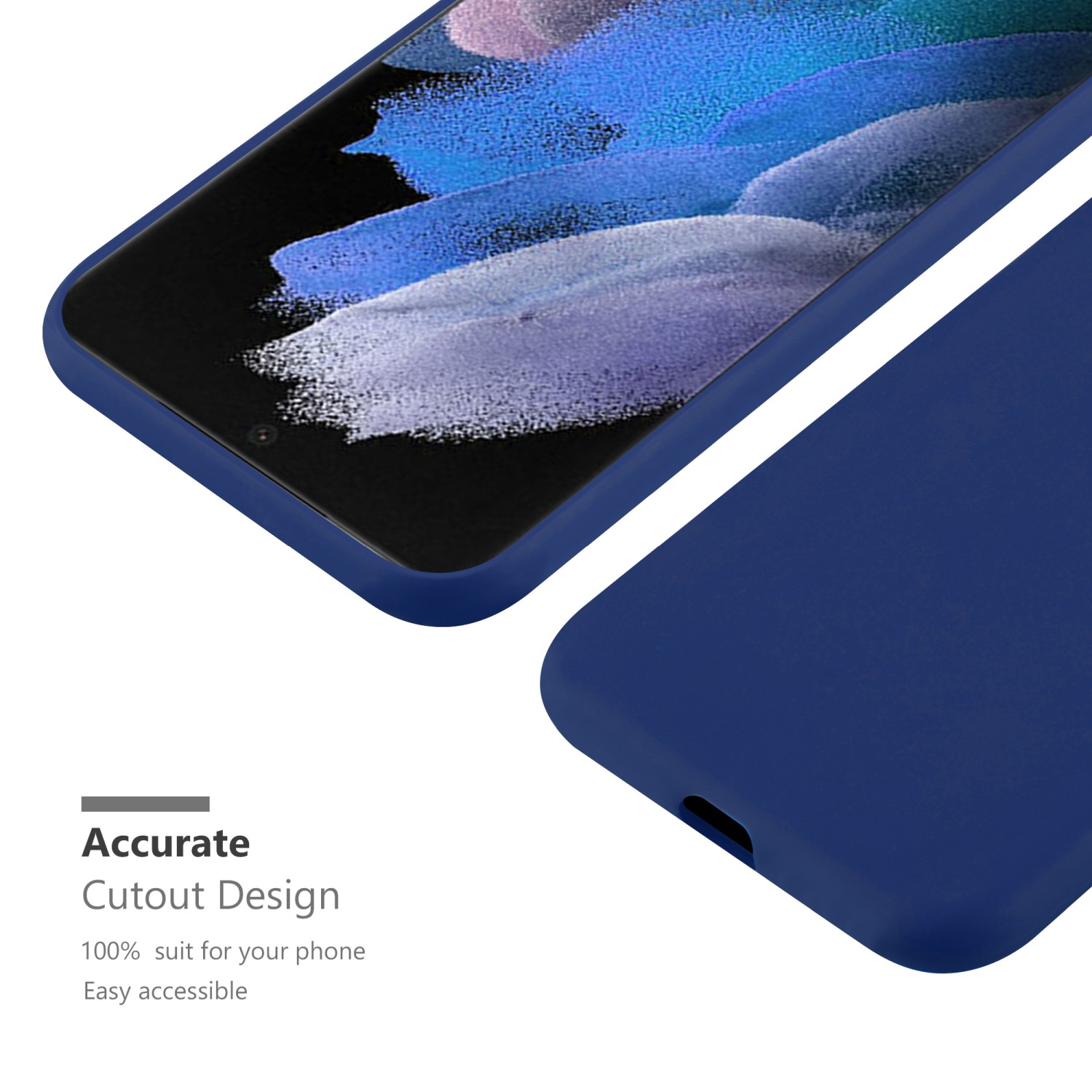 Una custodia per telefono blu con un telefono all'interno. Il design mostra lo schermo del telefono.