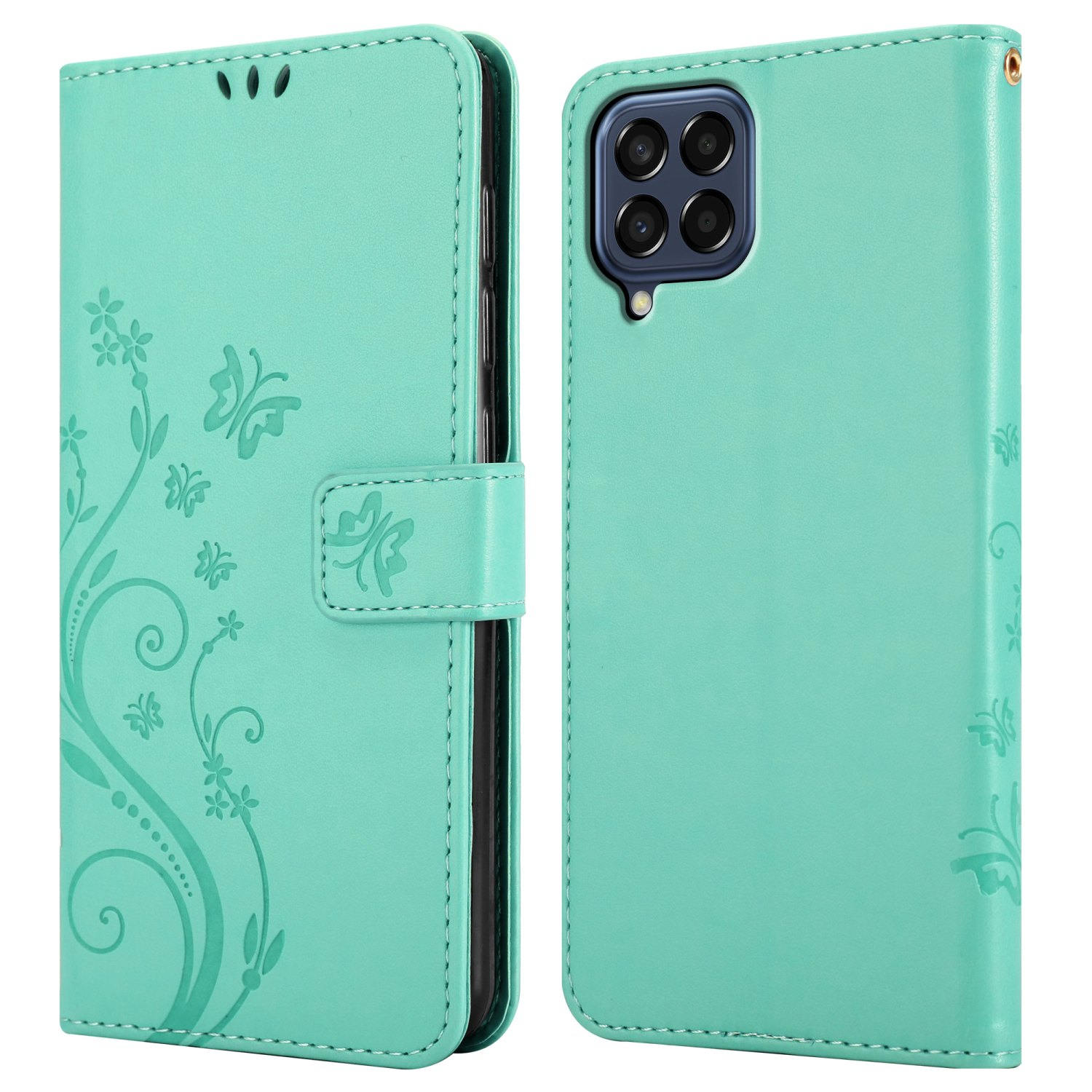 Una custodia per telefono verde chiaro, aperta per visualizzare un telefono. La custodia è decorata con motivi floreali.