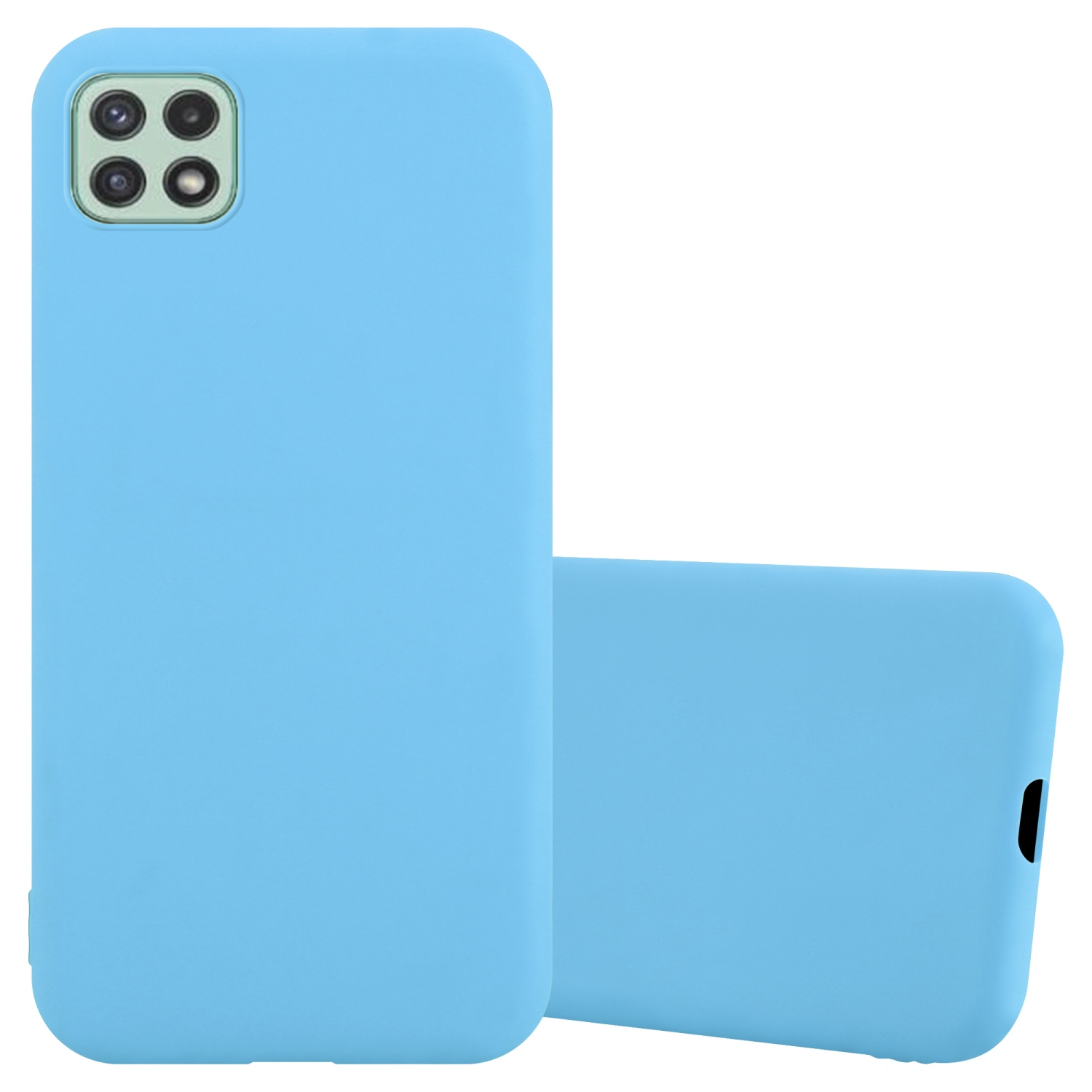 Custodia per telefono azzurra, leggermente aperta, con la cover posteriore in vista.
