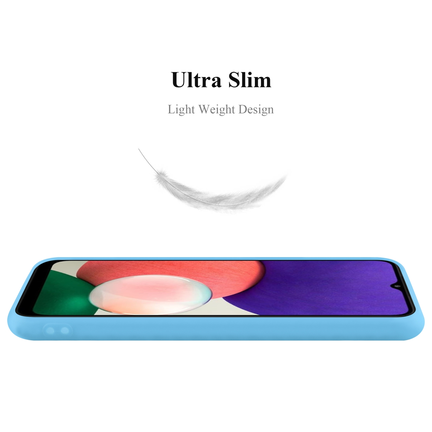 Custodia per telefono azzurra vista lateralmente, che evidenzia il suo design ultrasottile e leggero.