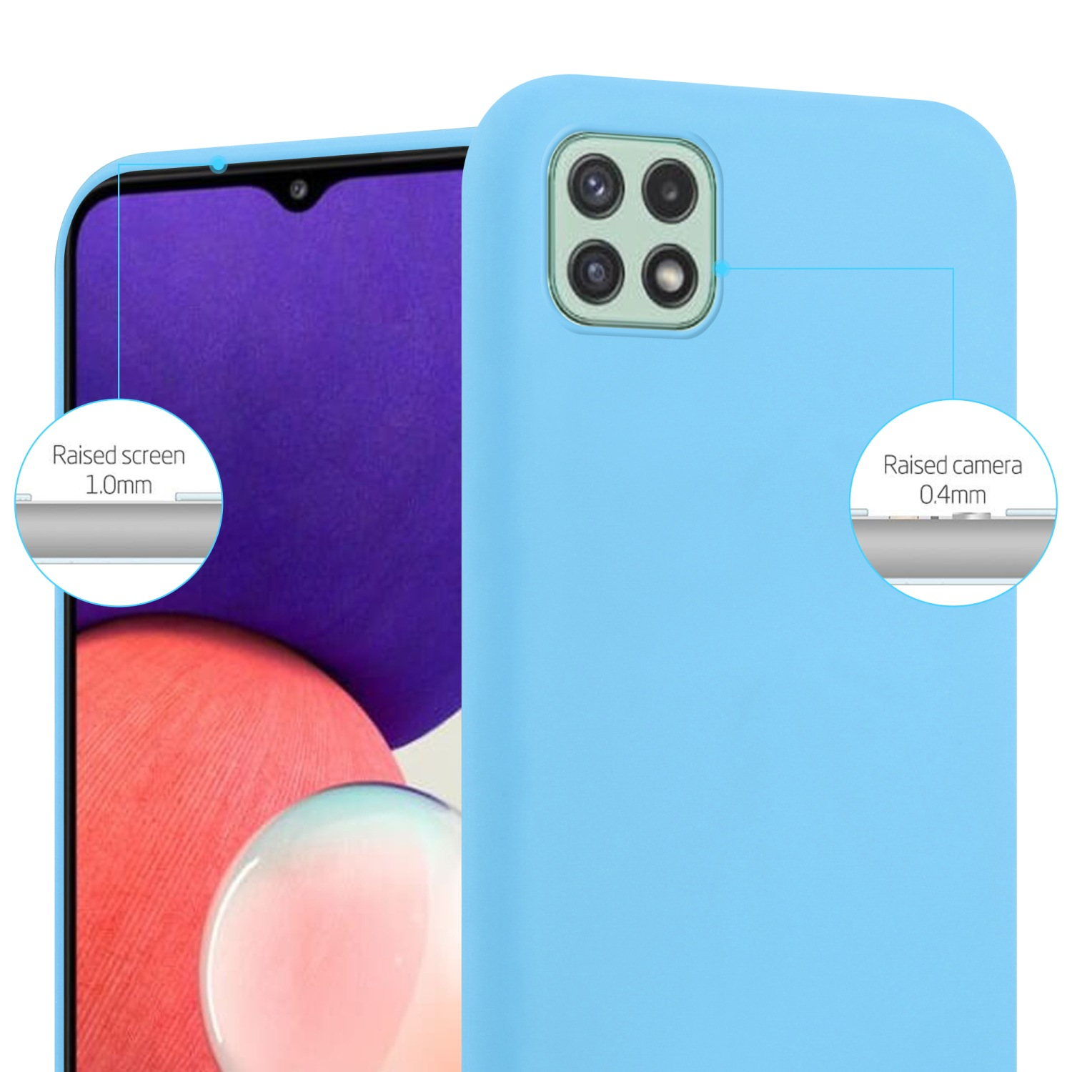 Custodia per telefono azzurra, primo piano. Schermo e fotocamera rialzati, mostra il design protettivo.
