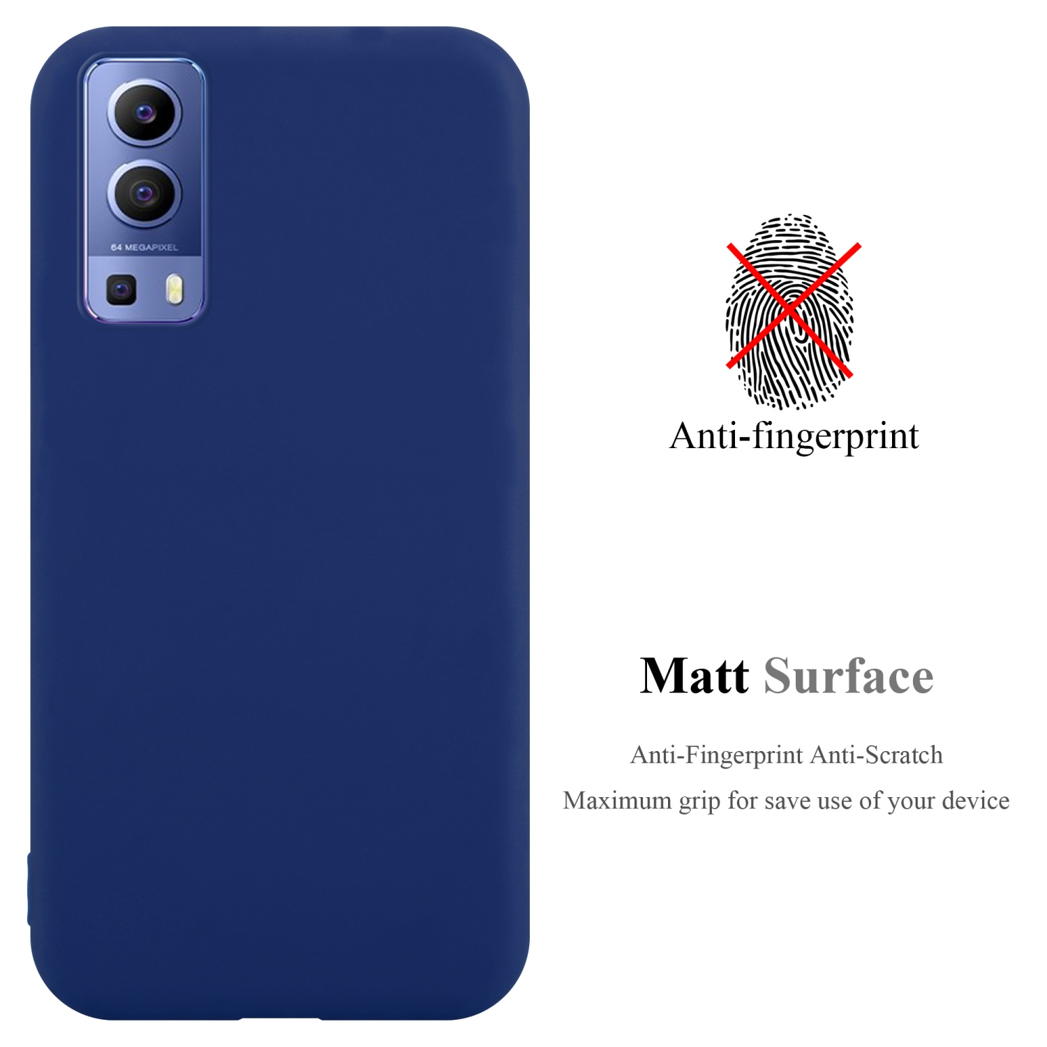 Una custodia per telefono blu con caratteristiche anti-impronta e superficie opaca.