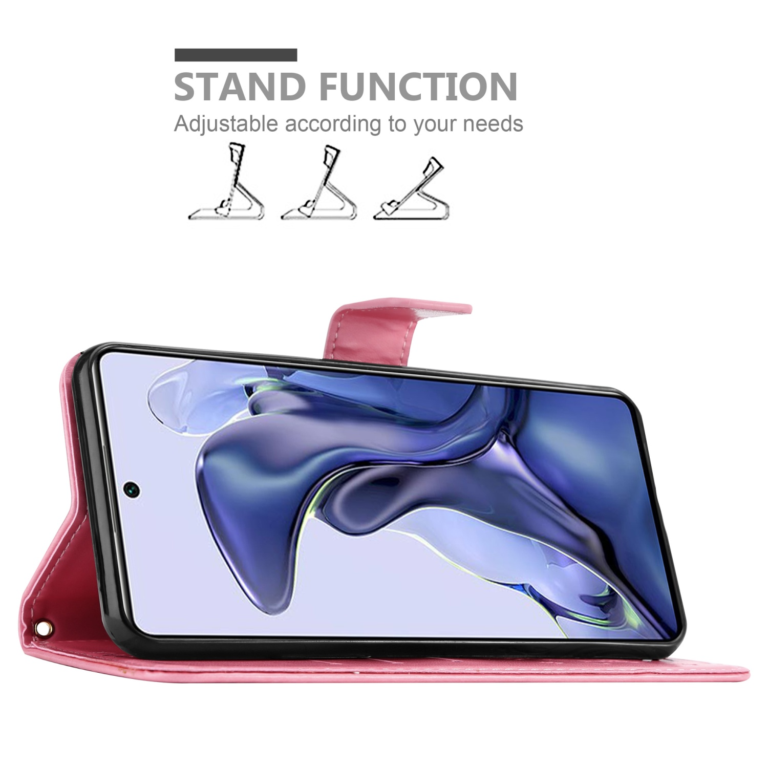 Una custodia per telefono rosa con un telefono all'interno, in funzione stand. I supporti regolabili sono mostrati in alto.