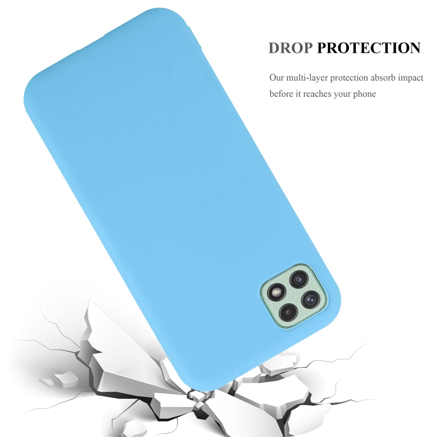 Custodia blu che cade con testo sulla protezione dalle cadute, su superficie rotta.