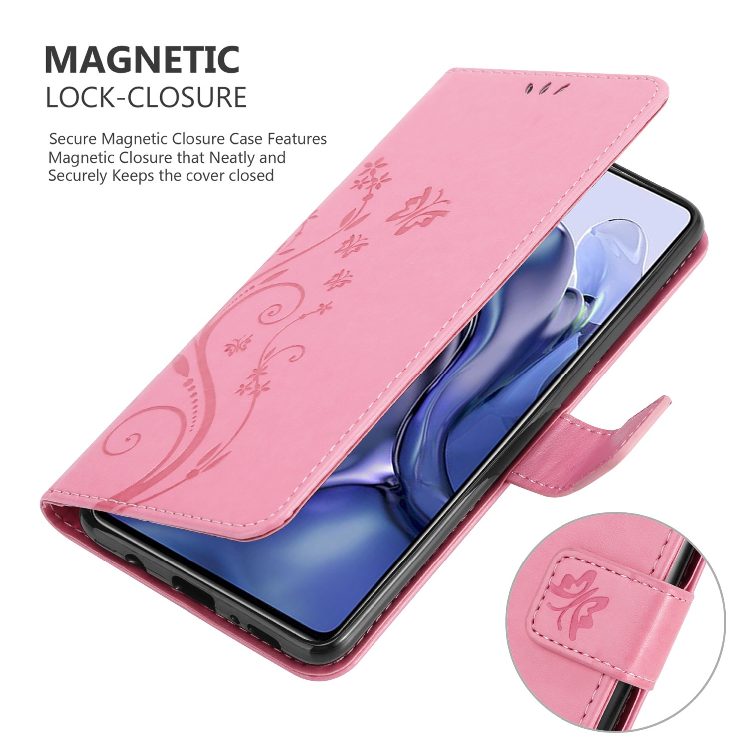 Una custodia per telefono rosa aperta, che mostra un telefono. Design floreale all'interno della custodia.