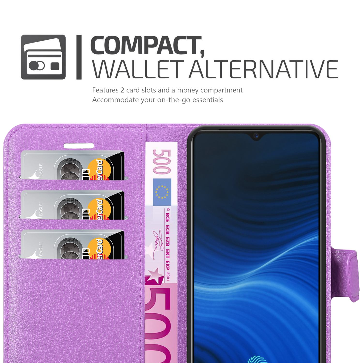 Una custodia per telefono viola con carte e denaro all'interno. Testo: Compatto, alternativa al portafoglio.