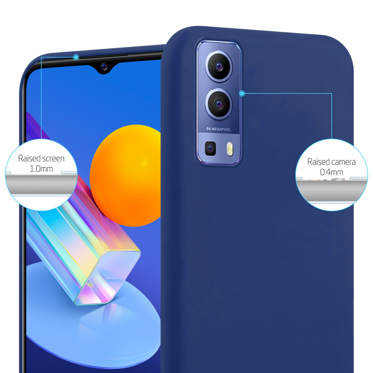 Una custodia blu e un telefono. Il telefono ha una fotocamera. Testo: Schermo rialzato, fotocamera rialzata.