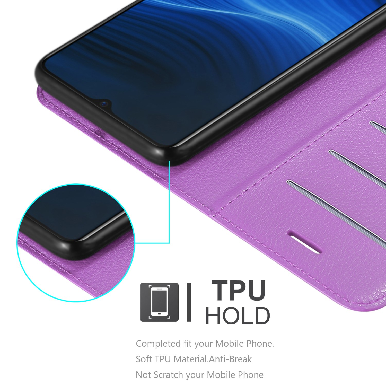 Una custodia per telefono viola con un telefono all'interno. La custodia ha fessure per le carte.