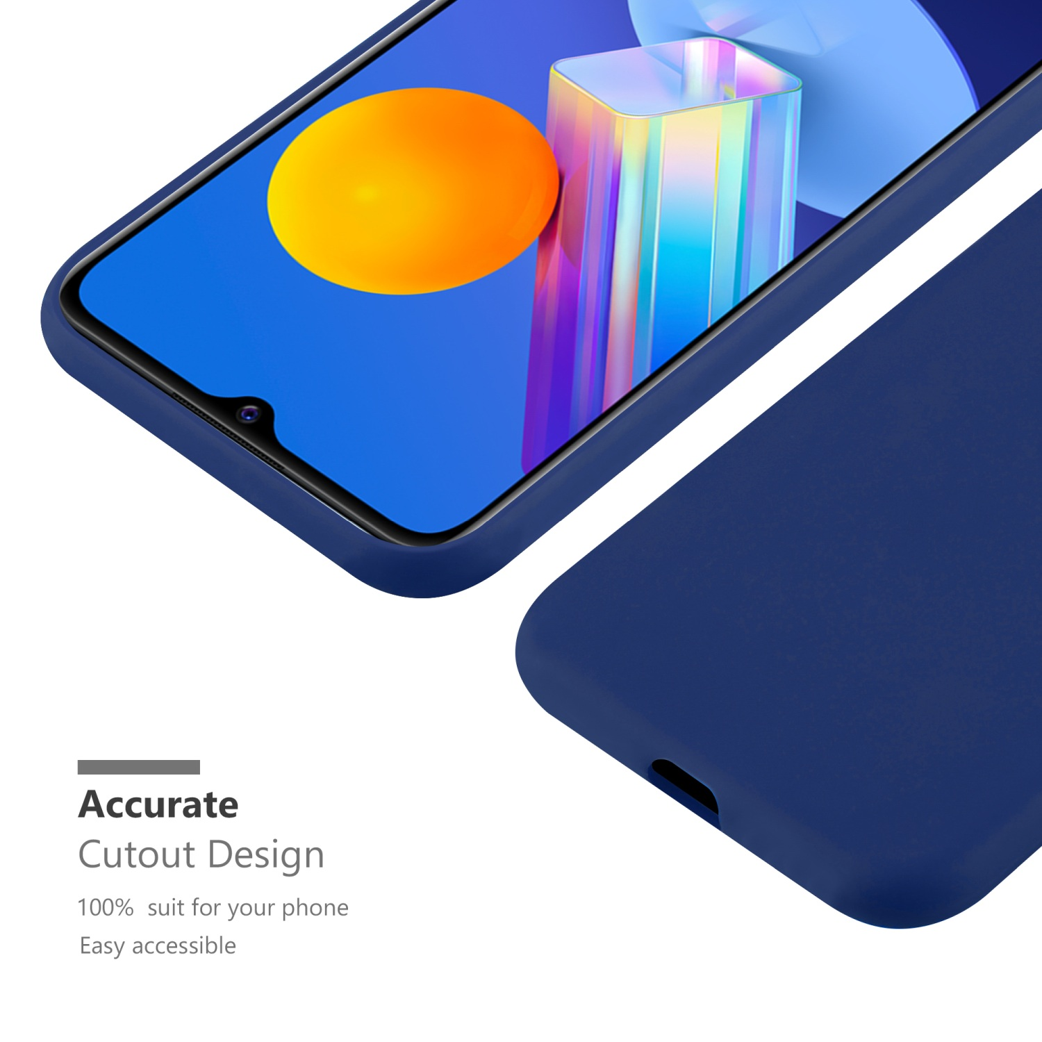 Custodia blu scuro. Primo piano sul telefono. Sfondo bianco. Design preciso e facile accesso.