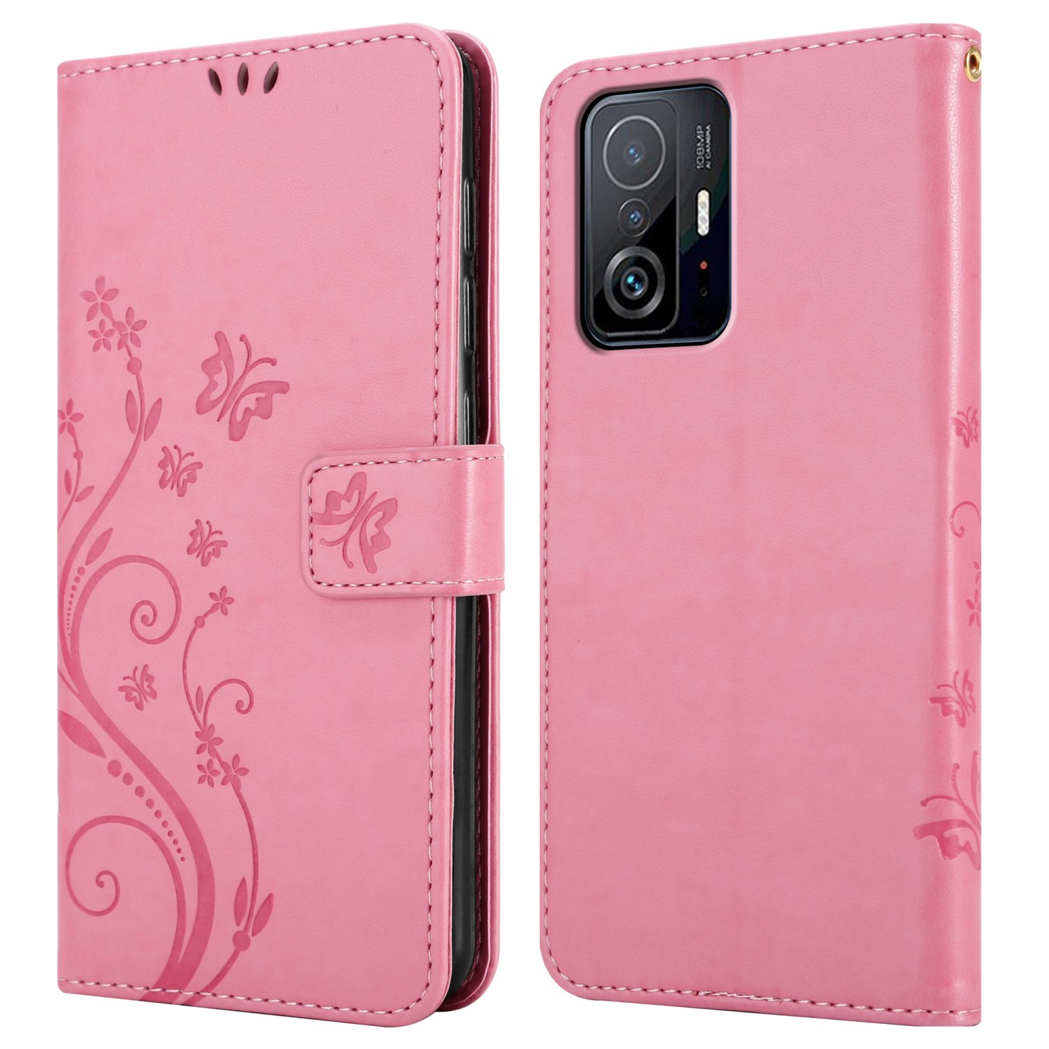 Custodia per telefono rosa aperta con design floreale e farfalle, che mostra il telefono.