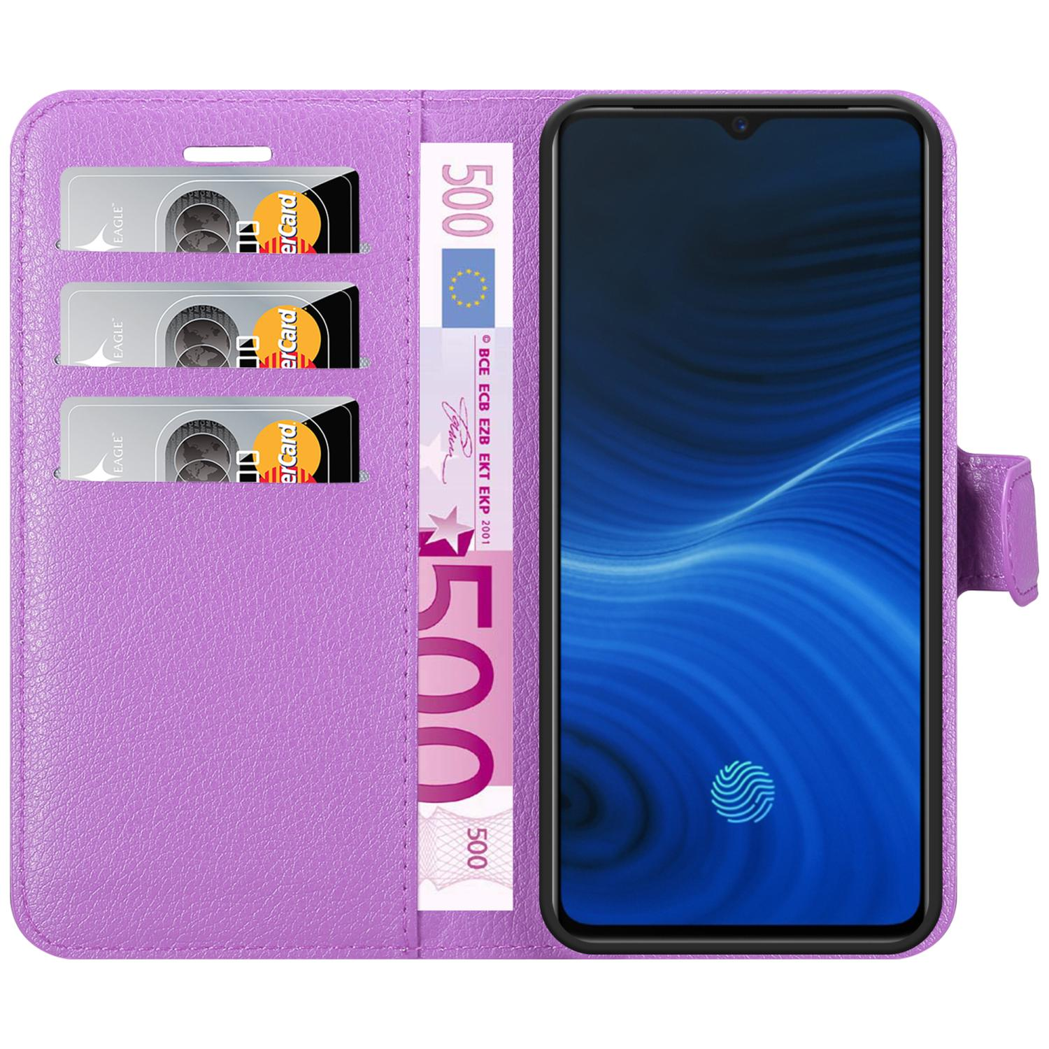 Custodia per telefono a portafoglio viola, aperta con fessure per carte, denaro e schermo.