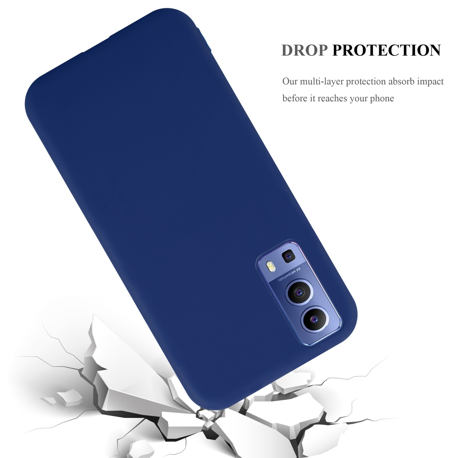 Custodia blu che cade con superficie rotta, mostrando protezione dalle cadute.