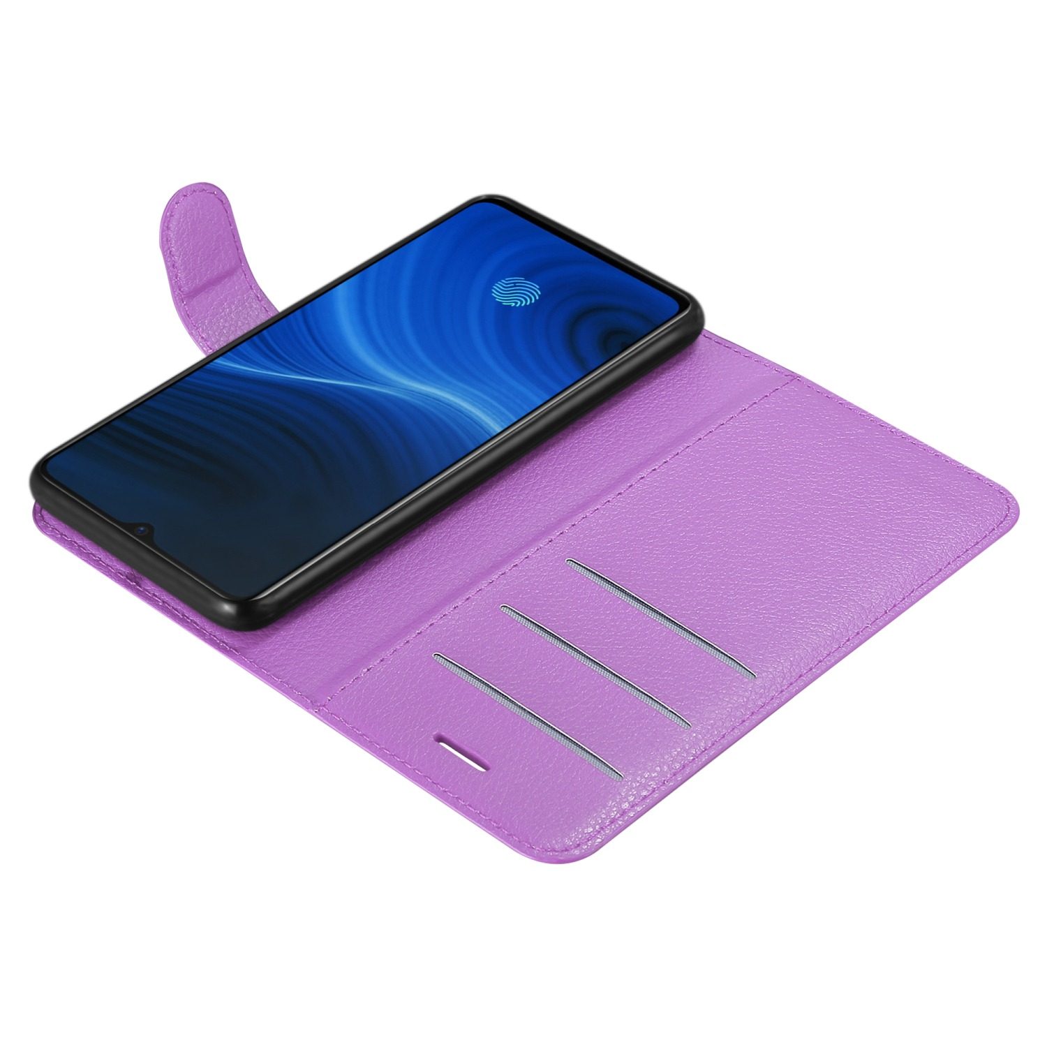 Custodia per telefono viola con un telefono all'interno. Il telefono è nero.