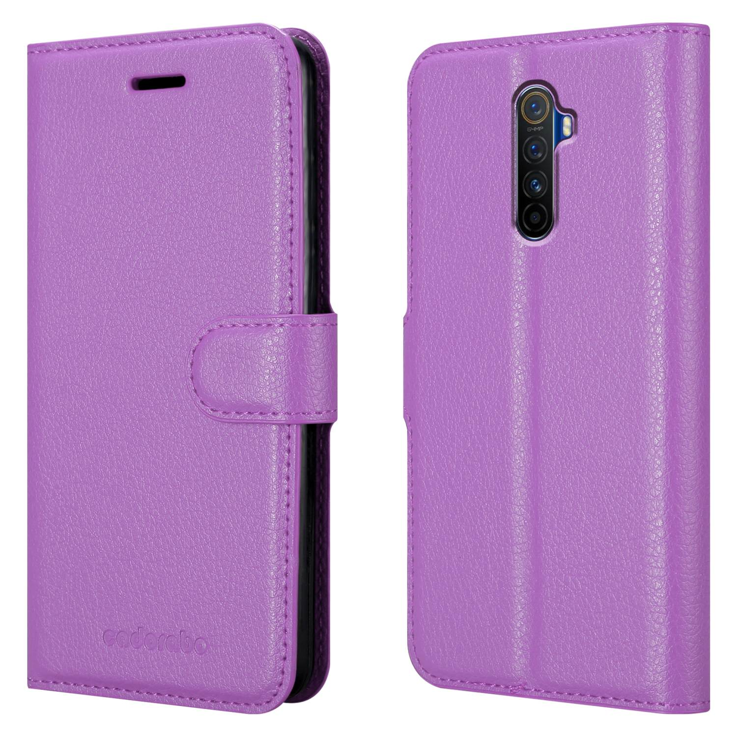 Custodia per telefono viola, chiusa e aperta, che mostra il retro del telefono con fotocamera e interno.