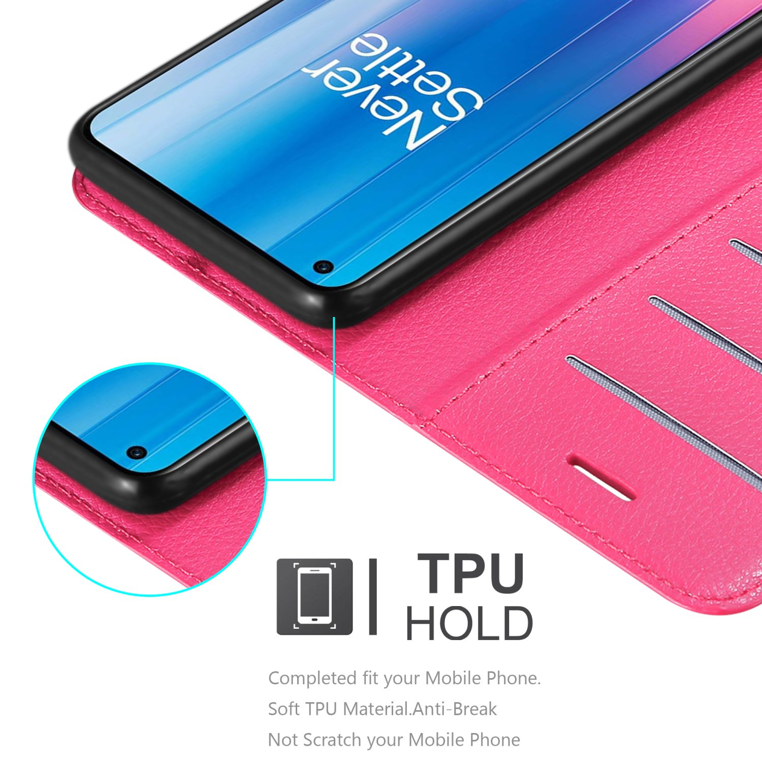 Custodia rosa per telefono con telefono nero all'interno, mostra l'angolo superiore del telefono e l'etichetta TPU HOLD.