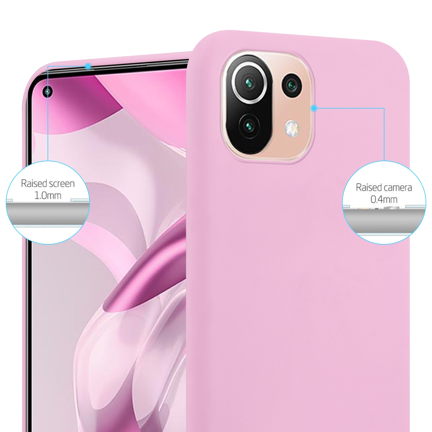 Rosa Handyhülle mit erhöhten Bildschirm- und Kamerarändern. Text zeigt 1,0 mm und 0,4 mm. Telefon ist Xiaomi.
