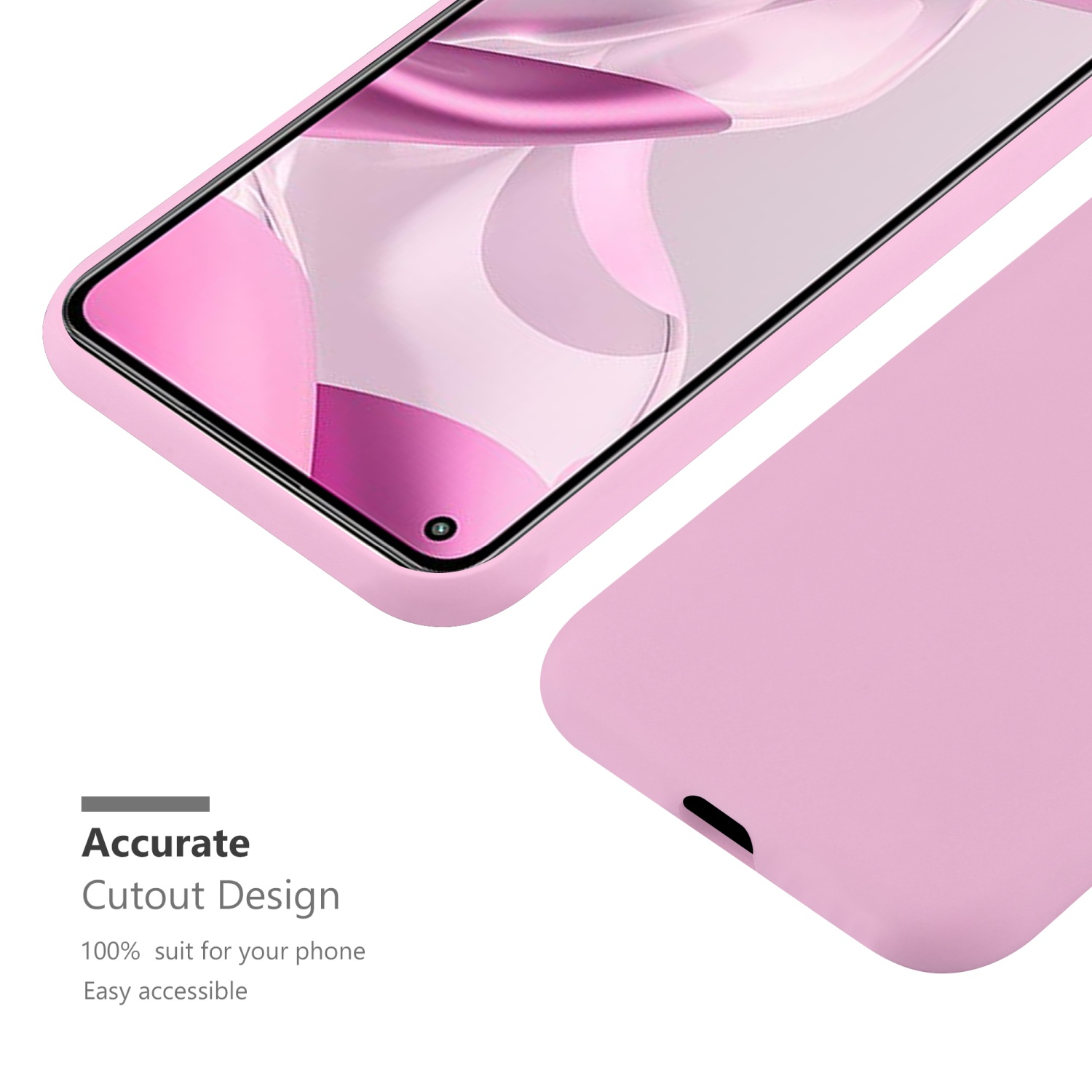 Hellrosa Handyhülle mit einem Telefon darin. Der Bildschirm des Telefons ist sichtbar, rosa Hintergrund.