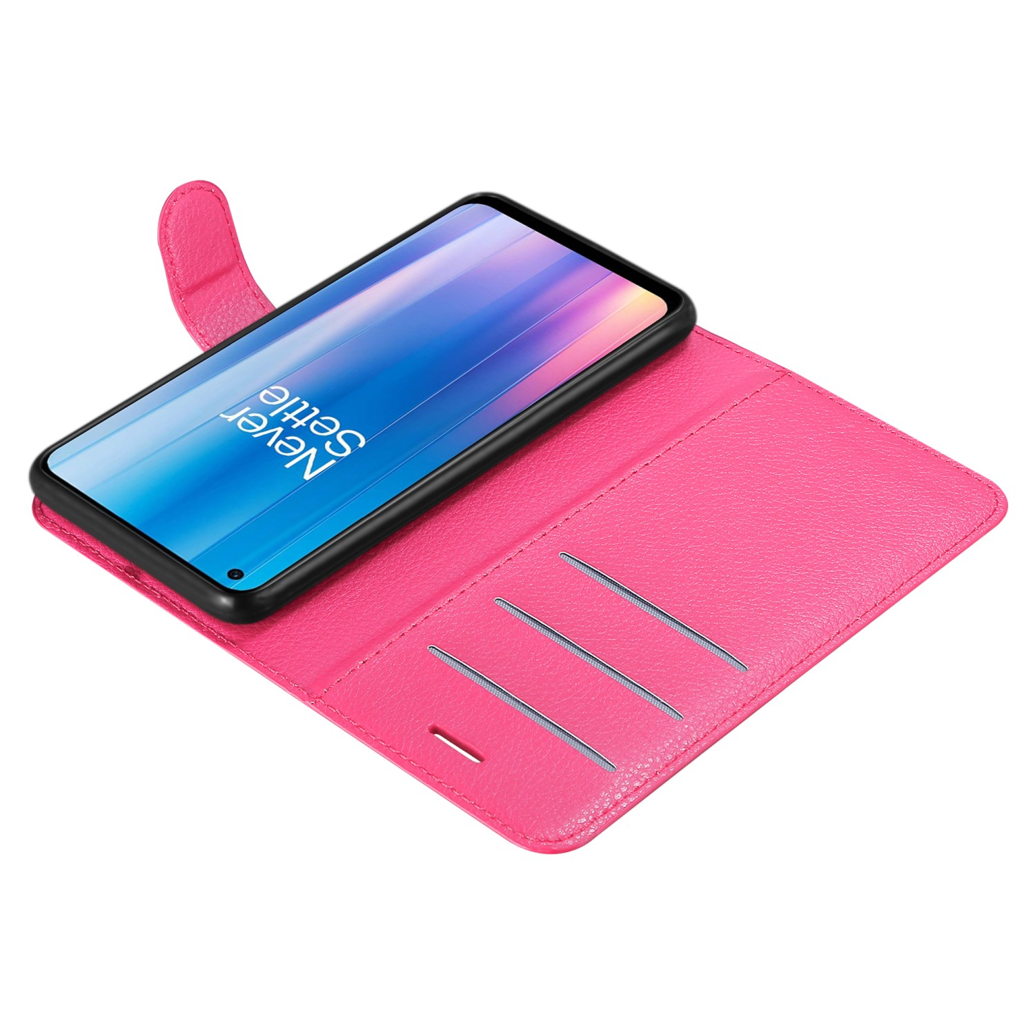Custodia rosa con telefono dentro, aperta. Scomparti per carte e chiusura magnetica.