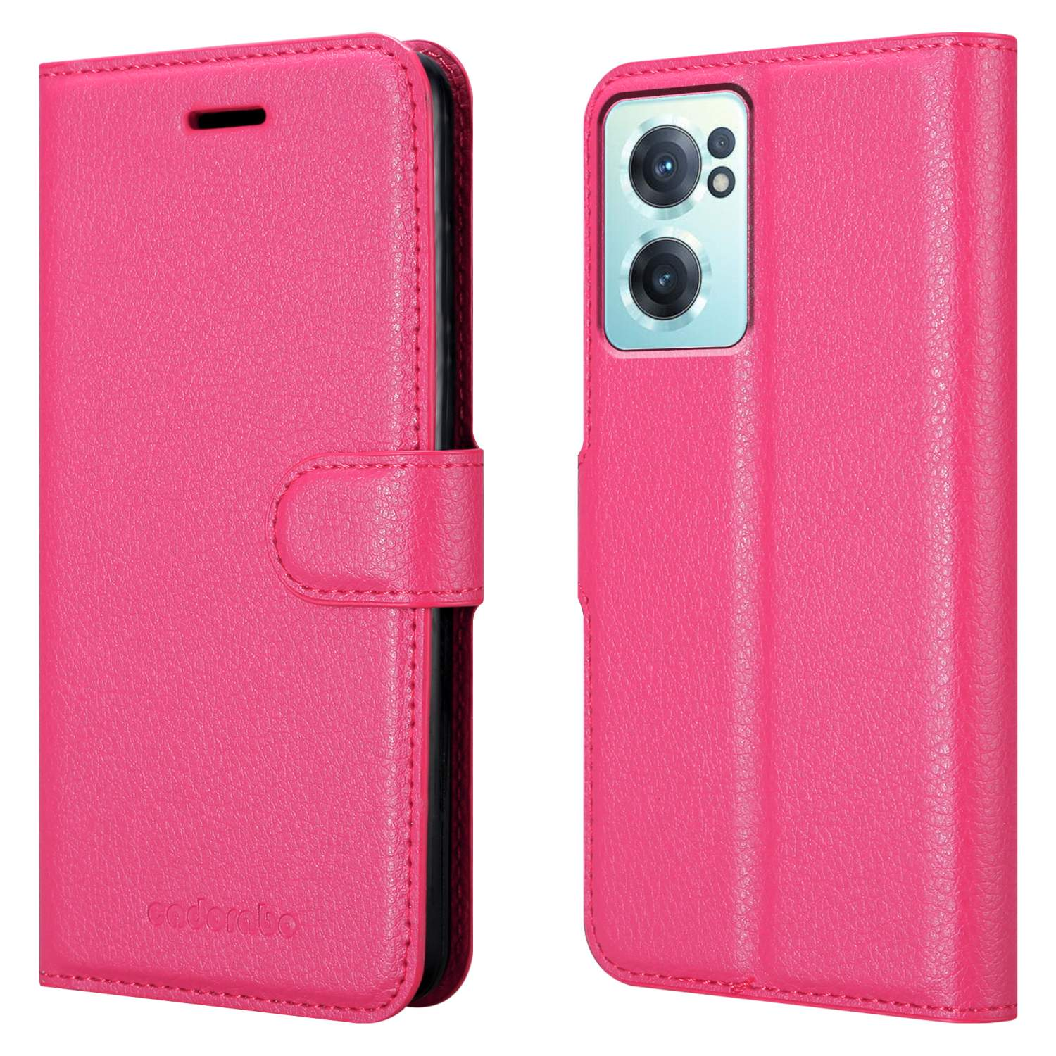 Una custodia per telefono rosa è aperta, mostrando la parte anteriore e posteriore. La custodia ha una chiusura magnetica e un design decorativo.